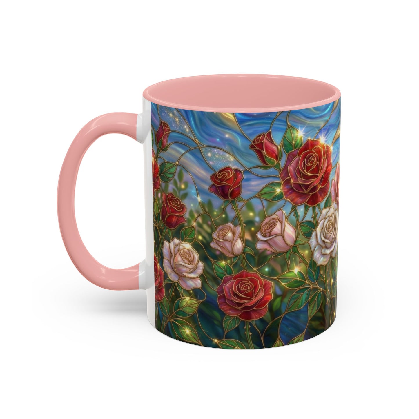 Stained Glass Rose Garden Mug, Floral Rose Coffee Cup, Elegant Flower Mug, Blue Green Gold Glass Style Design, Romantic Gift For Her