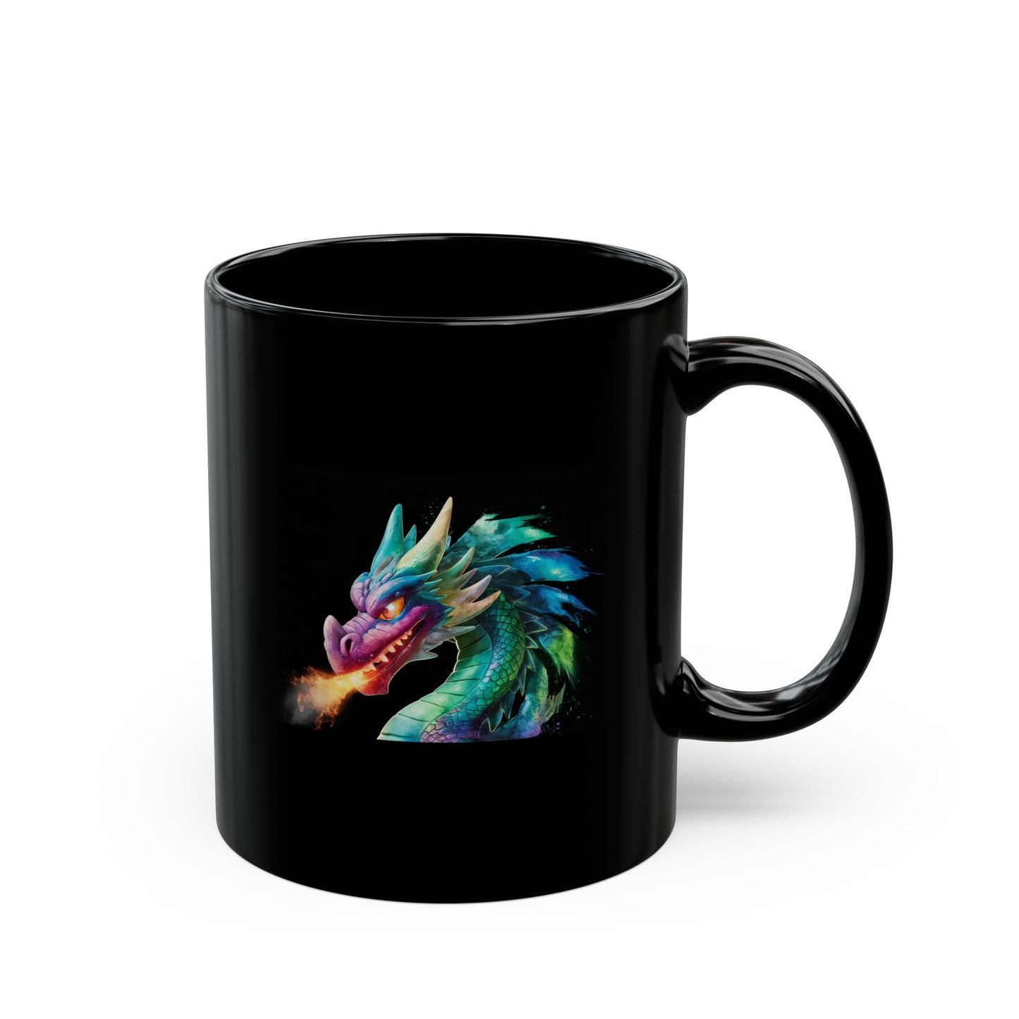 Mystical Rainbow Dragon Coffee Mug - Black Ceramic 11oz/15oz Fantasy Fire-Breathing Dragon Gift for RPG and Fantasy Lovers
