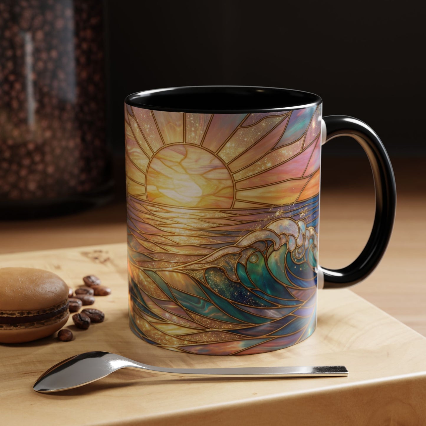 Stained Glass Ocean Wave Mug, Sunrise Beach Coffee Cup, Japanese Art Gift, Coastal Decor Kitchen, Mosaic Sea Tea Cup, Blue Gold Nature Lover