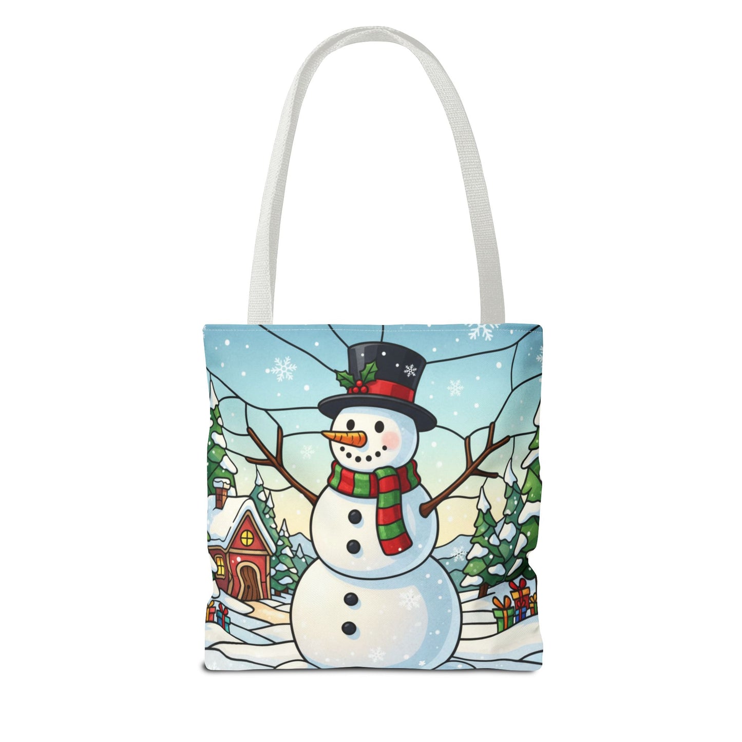 Stained Glass Snowman Christmas Tote Bag, Holiday Art Tote, Festive Winter Gift Bag, Colorful Christmas Scene Reusable Shopping Bag