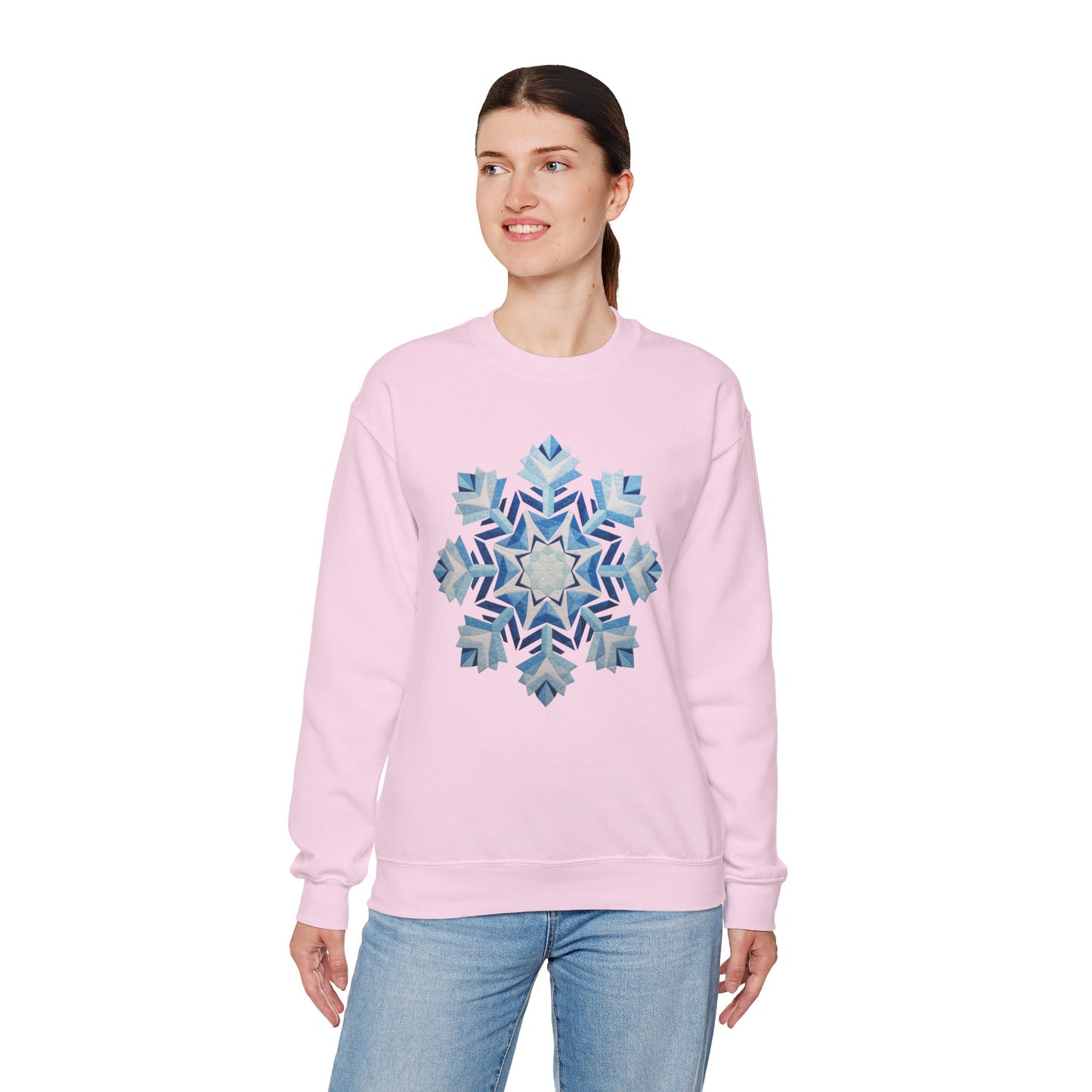 Faux Patchwork Snowflake Sweatshirt, Winter Snowflake Crewneck Unisex, Cozy Holiday Patchwork Sweatshirt, Nordic Snowflake Winter Pullover