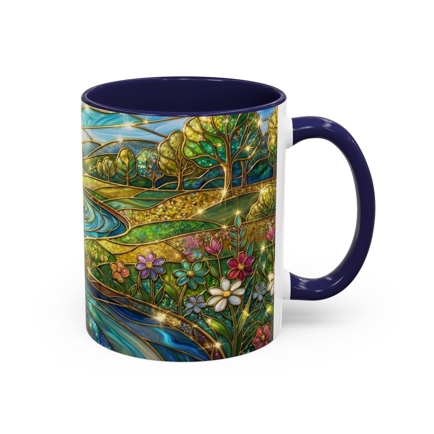 Stained Glass Mug, River Landscape Coffee Cup, Nature Lover Gift, Floral Tea Mug, Gardener Present, Art Teacher Gift, Colorful Scenery Cup