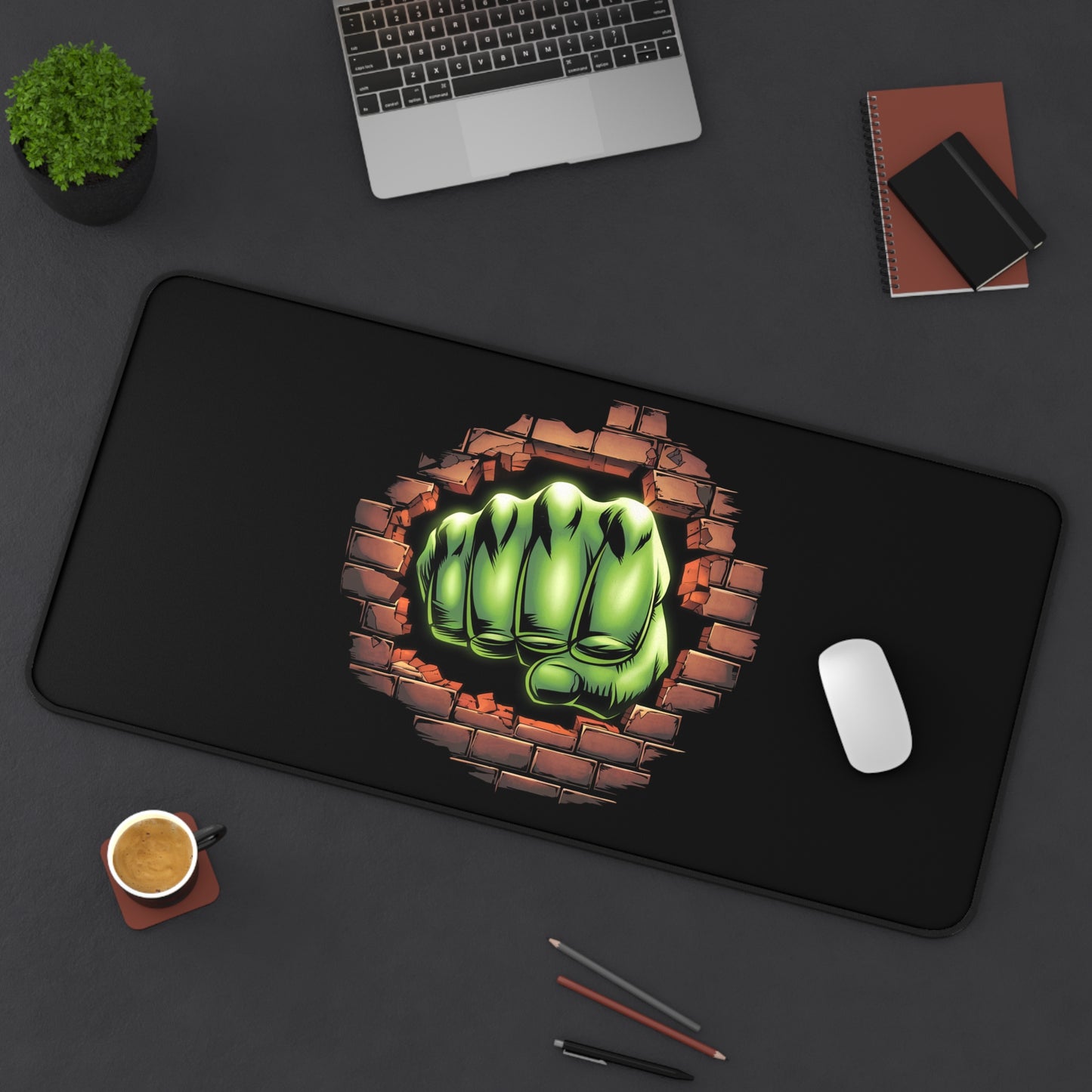Desk Mat Green Fist Smashing Through Wall Fun Design Comic Book Mouse Pad for Geeks
