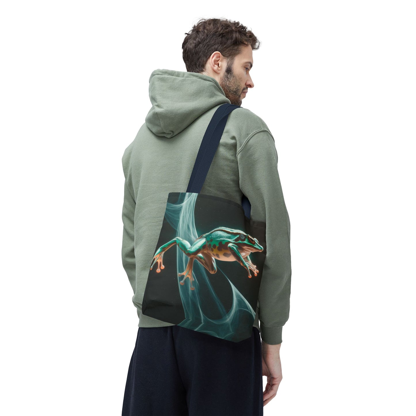 Frog in Motion Tote Bag, Nature-Inspired Green Frog Design Eco-Friendly Shoulder Bag, Artistic Reusable Tote For Everyday Use And Gifts