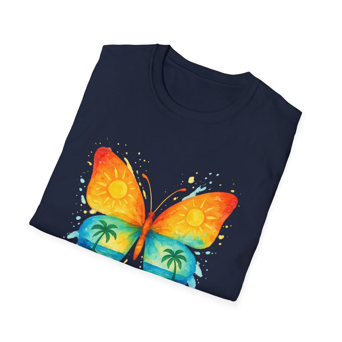 Butterfly Sunset Beach Tee - Ocean & Palm Watercolor Butterfly T-Shirt, Coastal Boho Graphic, Nature Lover Gift, Unisex Casual Tee