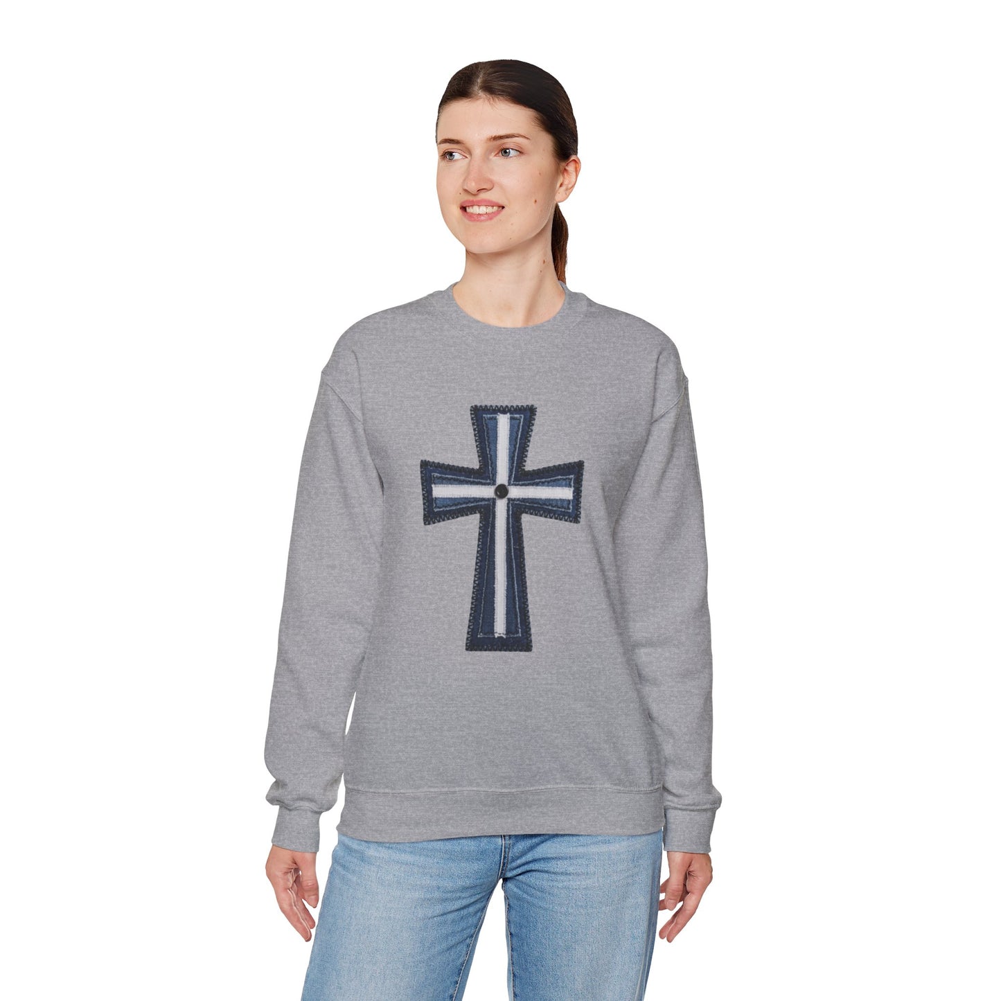 Faux Patchwork Cross Sweatshirt, Christian Patchwork Style Crewneck, Faith Gift for Women Men, Rustic Cross Sweatshirt, Religious Xmas Gift