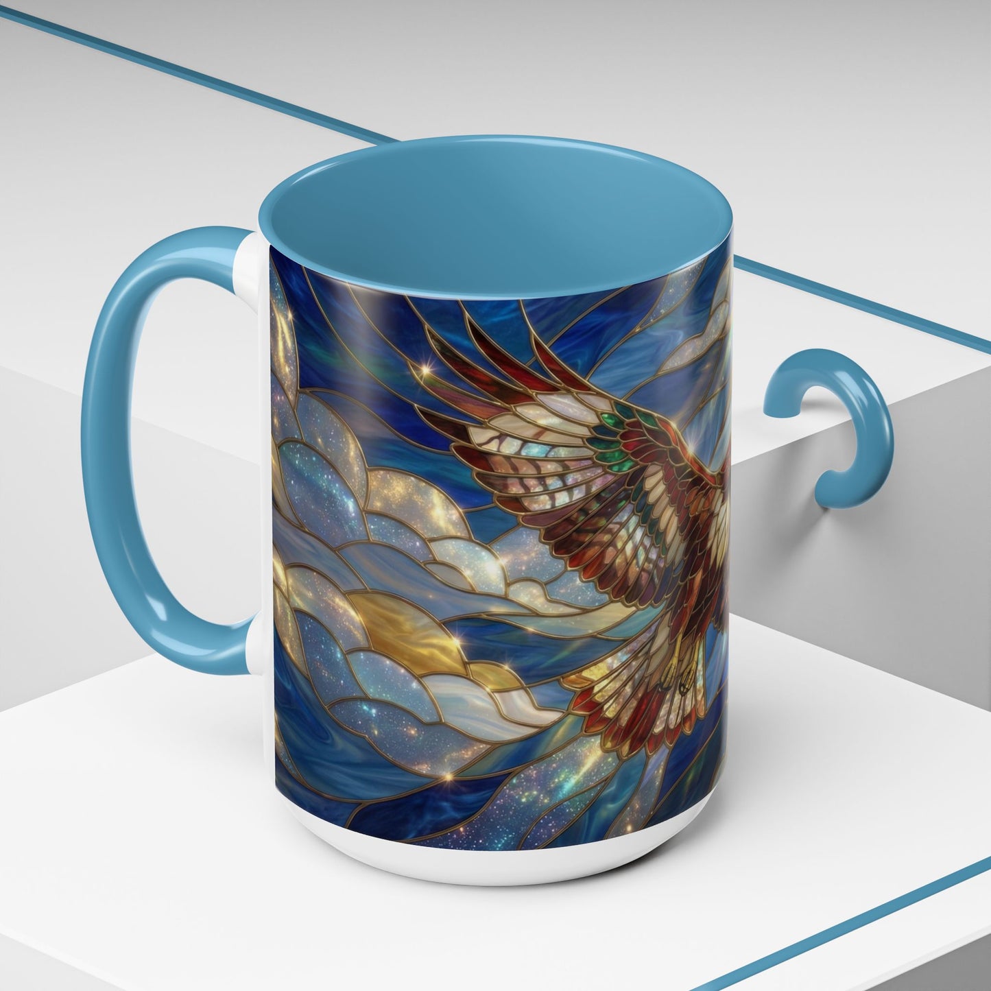 Stained Glass Hawk Mug, Soaring Bird Coffee Mug, Nature Art Hawk Cup, Bird Lover Gift, Stained Glass Style Animal Mug