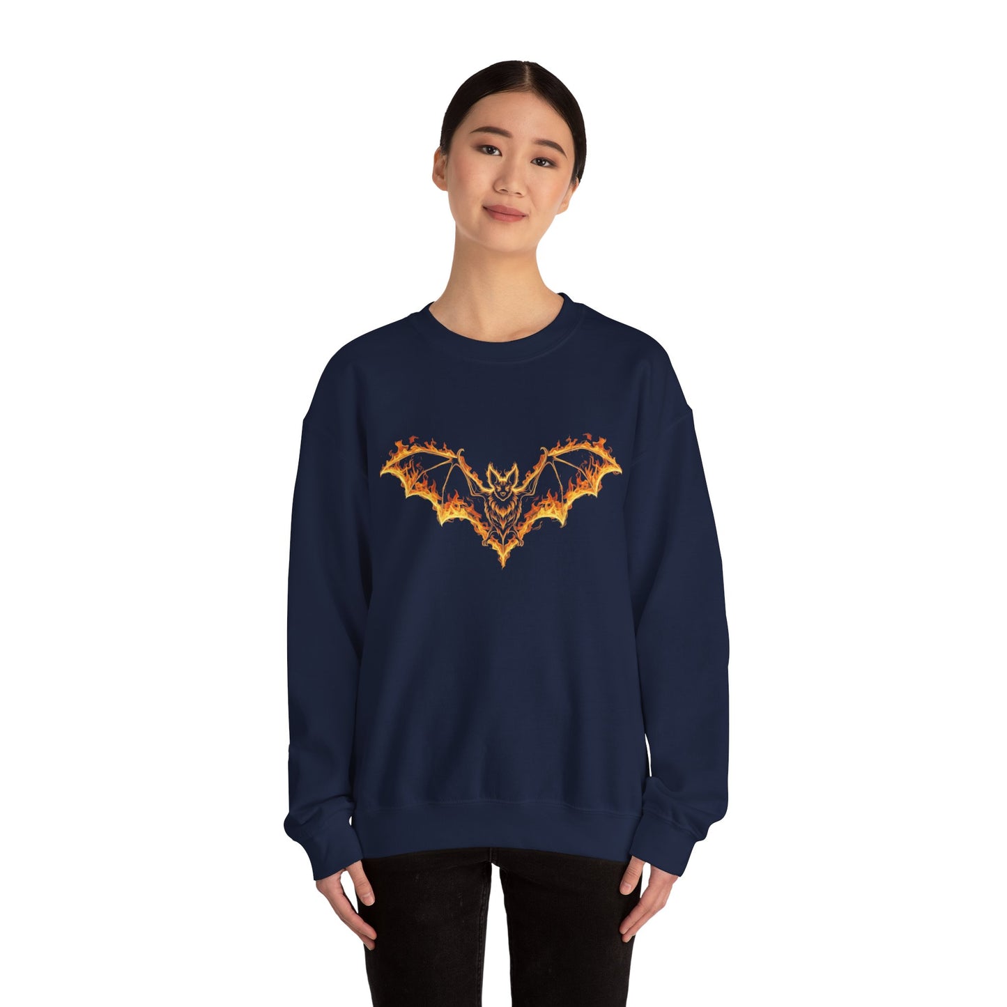 Flaming Bat Sweatshirt - Halloween Spooky Season Graphic Crewneck, Fiery Bat Design, Gothic Fall Fashion, Spooky Gift