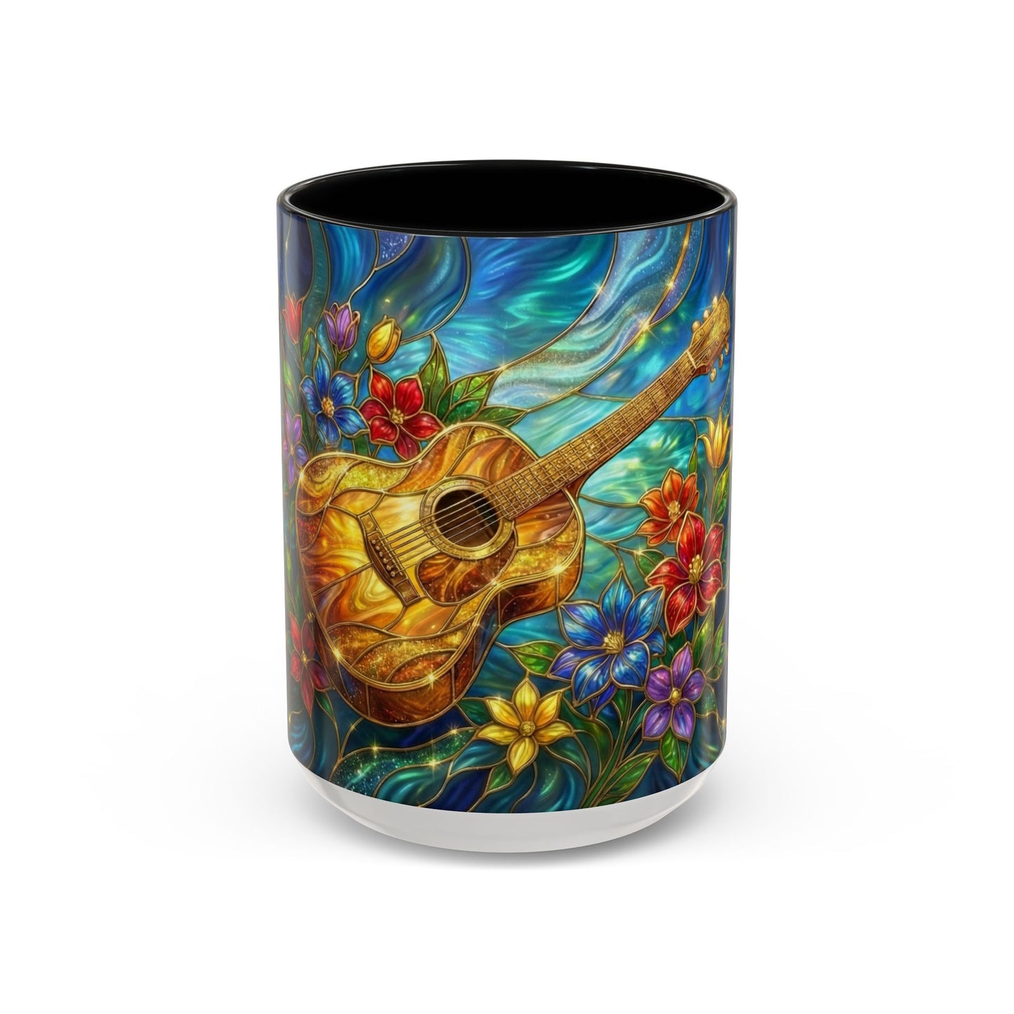 Guitar Coffee Mug, Stained Glass Guitar Art Mug, Music Lover Gift, Floral Acoustic Guitar Mug, Ceramic Coffee Cup, Unique Musician Gift, 11oz