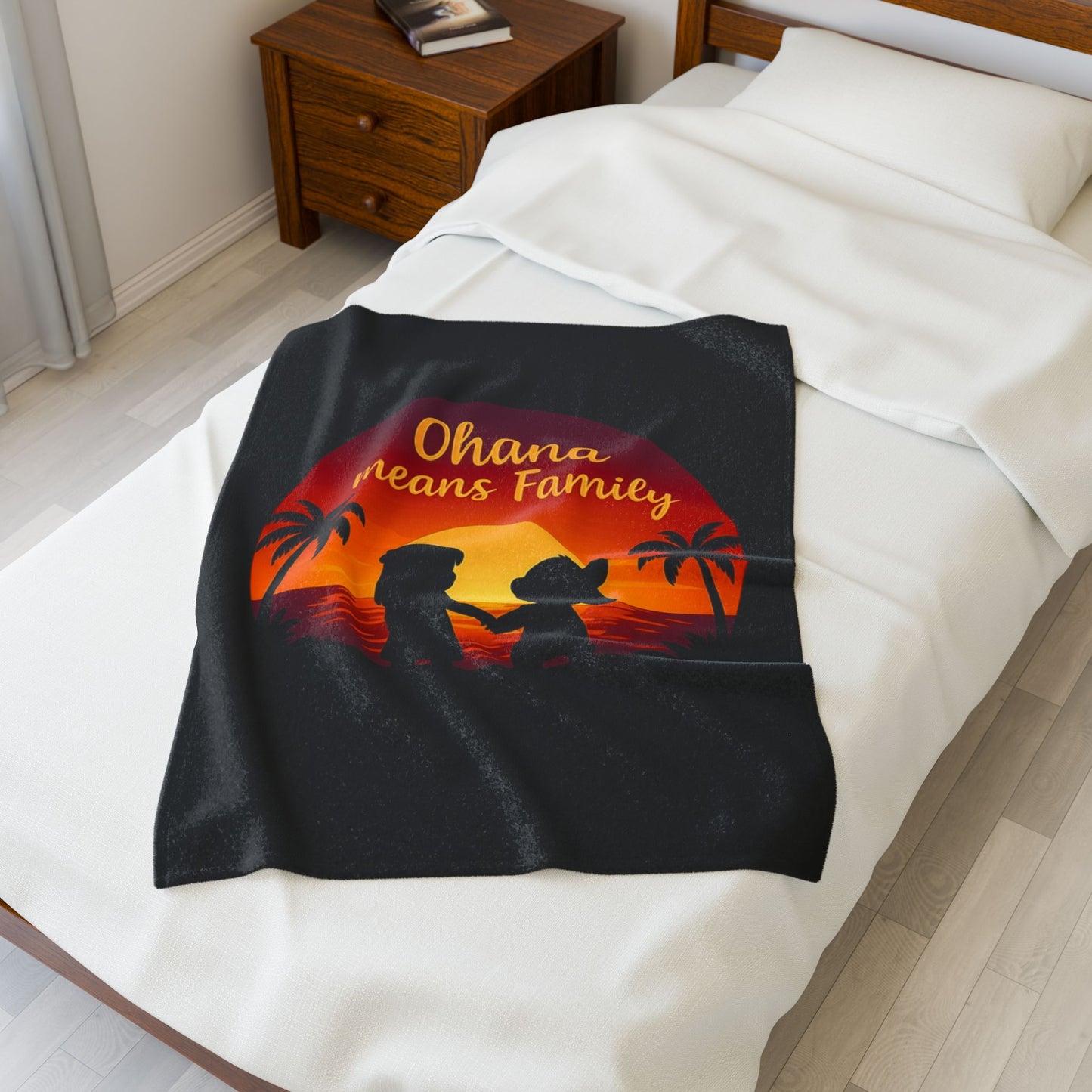 Ohana Means Family Blanket – Hawaiian Sunset Throw, Tropical Bedding, Stitch-Inspired Gift