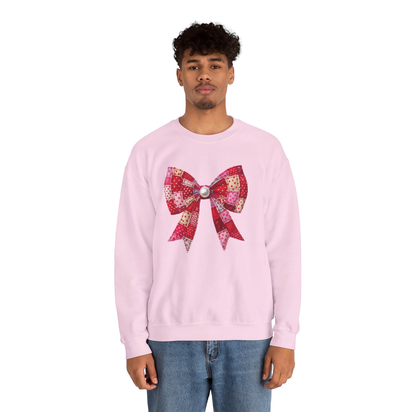 Faux Patchwork Bow Sweatshirt, Quilted Look Bow Crewneck, Pearl Bow Pullover, Cozy Coquette Sweatshirt, Girly Valentine Gift