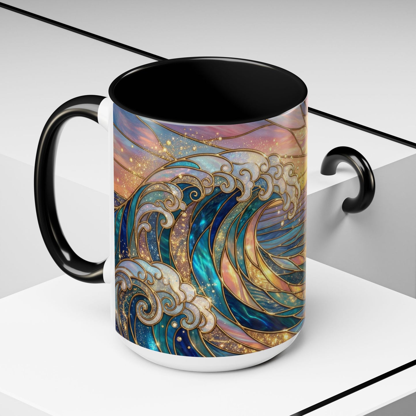 Stained Glass Ocean Wave Mug, Sunrise Beach Coffee Cup, Japanese Art Gift, Coastal Decor Kitchen, Mosaic Sea Tea Cup, Blue Gold Nature Lover