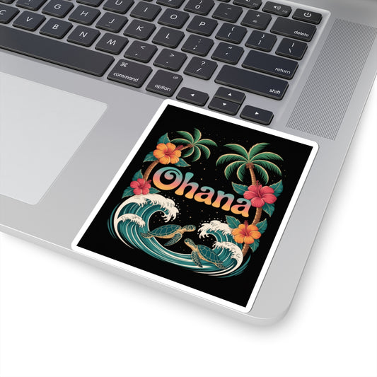 Ohana Sticker – Retro Hawaiian Sea Turtle Decal with Palm Trees & Waves – Waterproof Vinyl Laptop or Water Bottle Tropical Gift