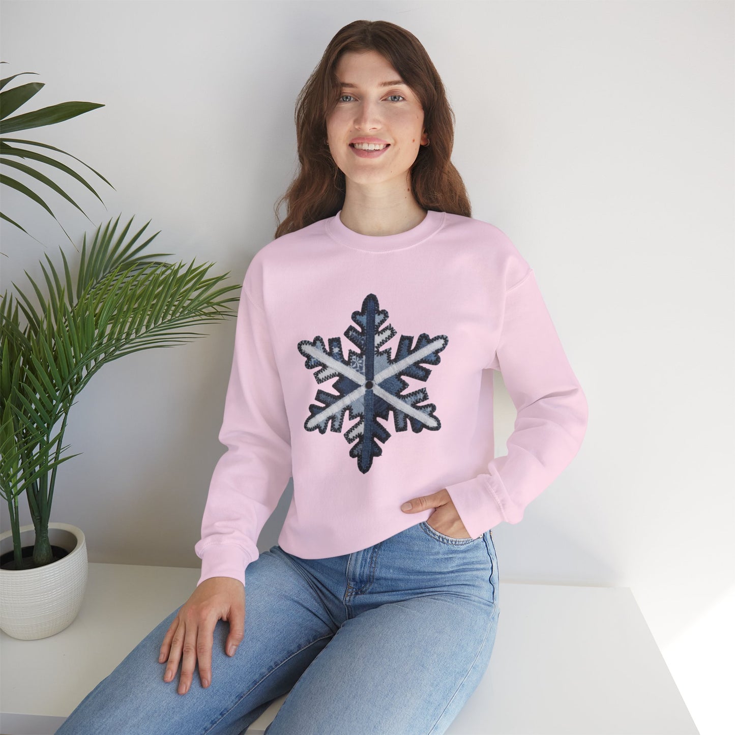 Faux Patchwork Snowflake Sweatshirt, Winter Snowflake Crewneck, Cozy Christmas Sweatshirt, Holiday Patchwork Sweater, Winter Gift