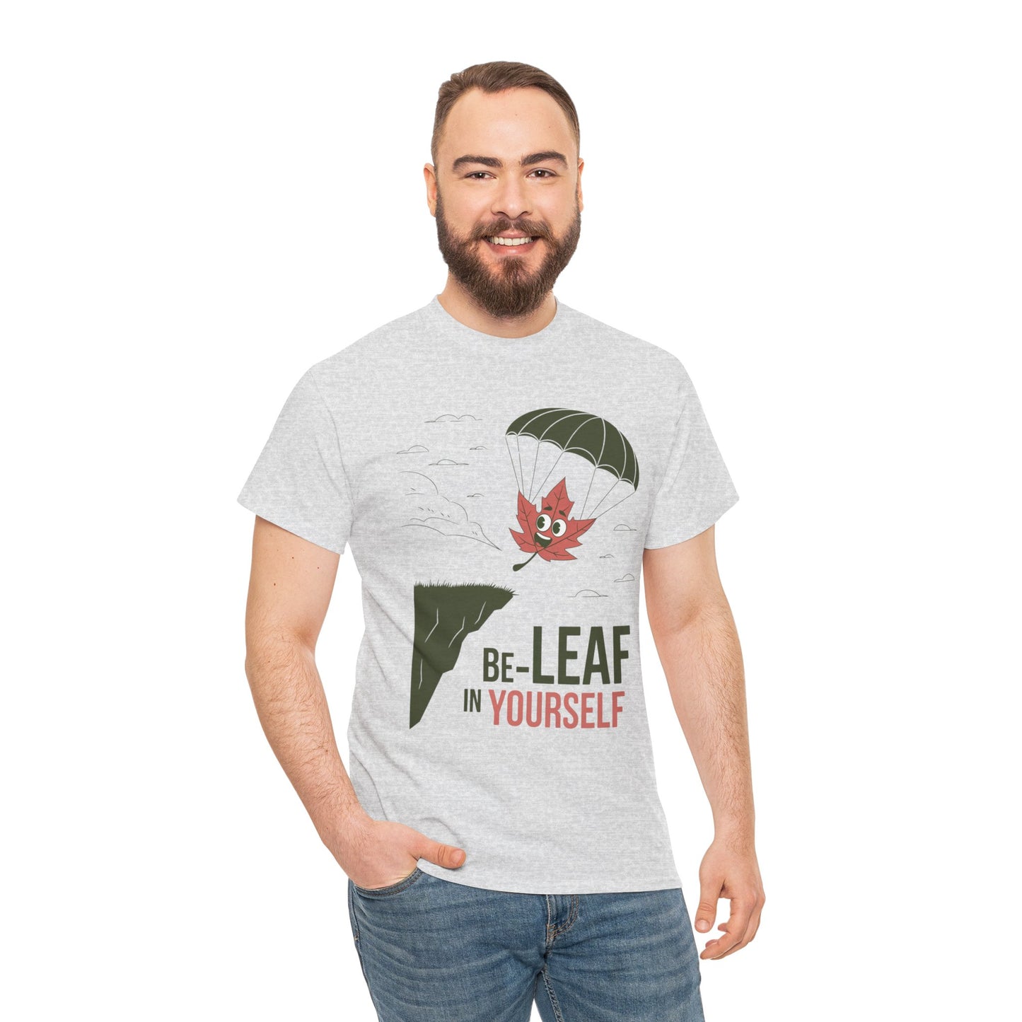 Be-Leaf In Yourself Maple Leaf Parachute T-Shirt | Funny Motivational Nature Graphic Tee | Self-Love Fall Autumn Shirt | Outdoorsy Gift