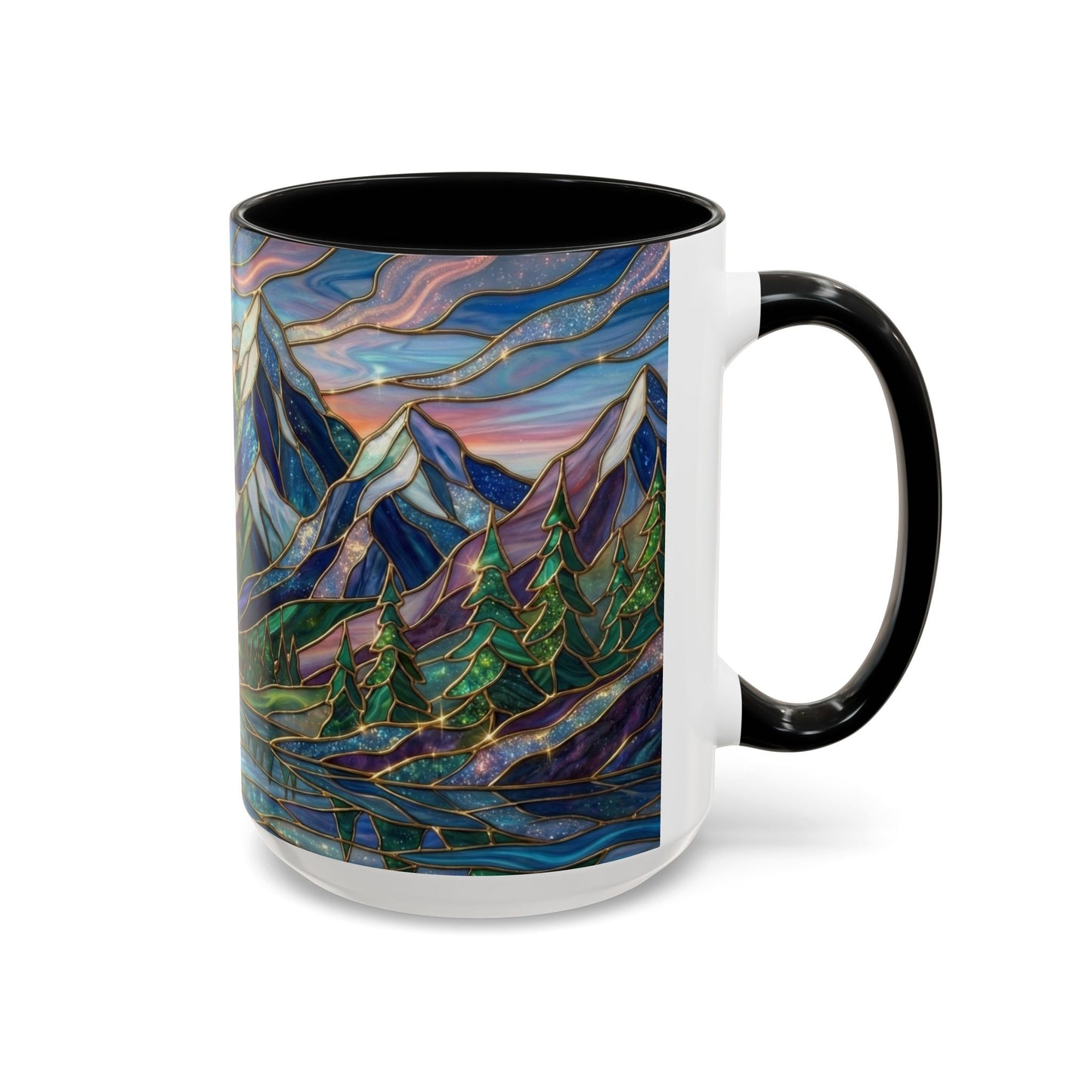 Stained Glass Mountain Mug, Sunset Mountain Landscape Coffee Cup, Nature Ceramic Mug With Forest And River, 11oz 15oz Gift