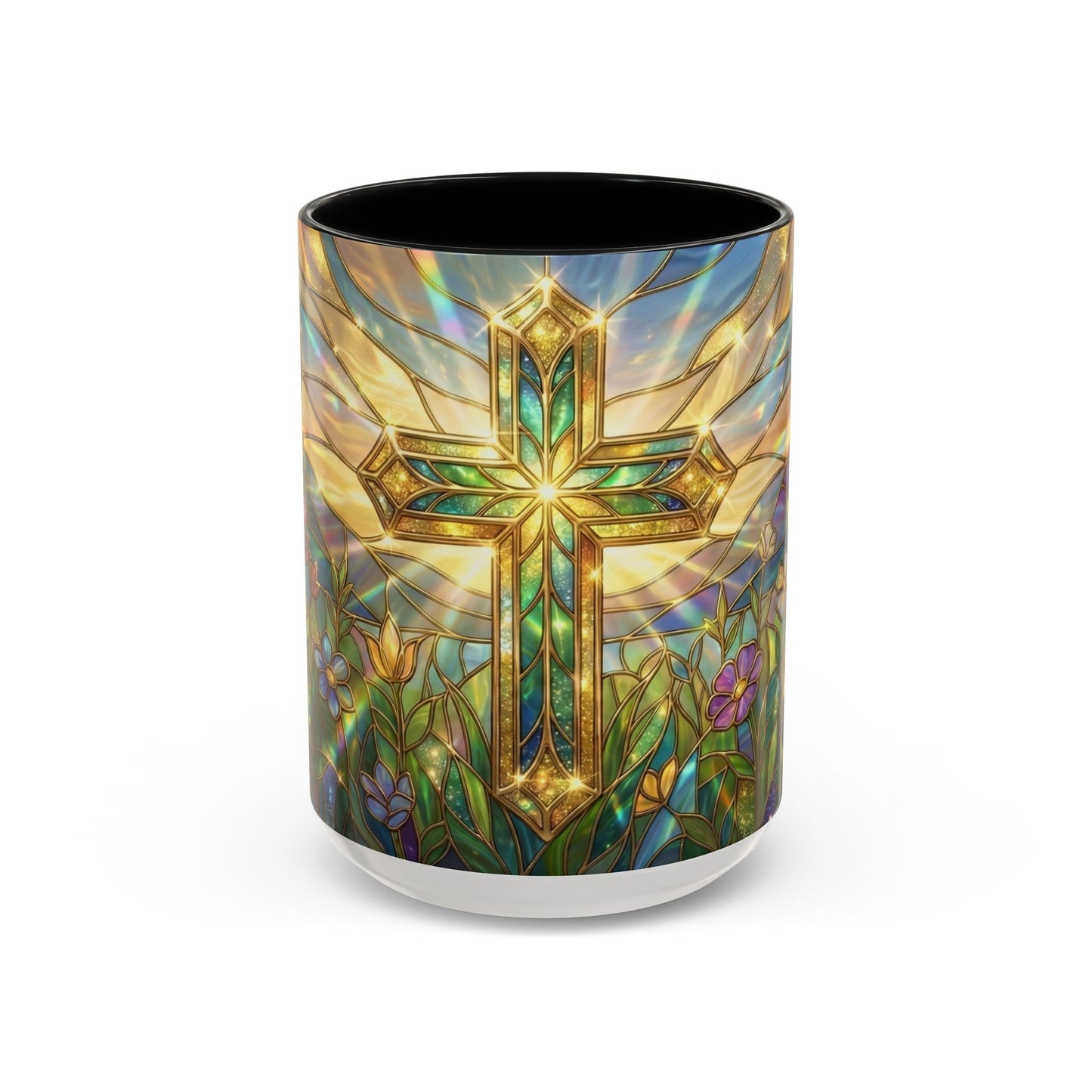 Stained Glass Cross Mug, Christian Coffee Cup With Floral Design, Faith Inspired Ceramic Mug, Religious Gift, 11oz 15oz