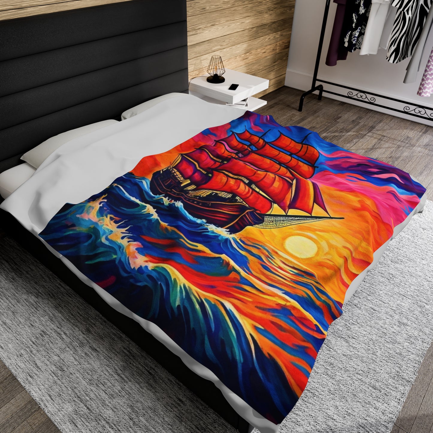 Plush Blanket - Sunset Ship Painting Design