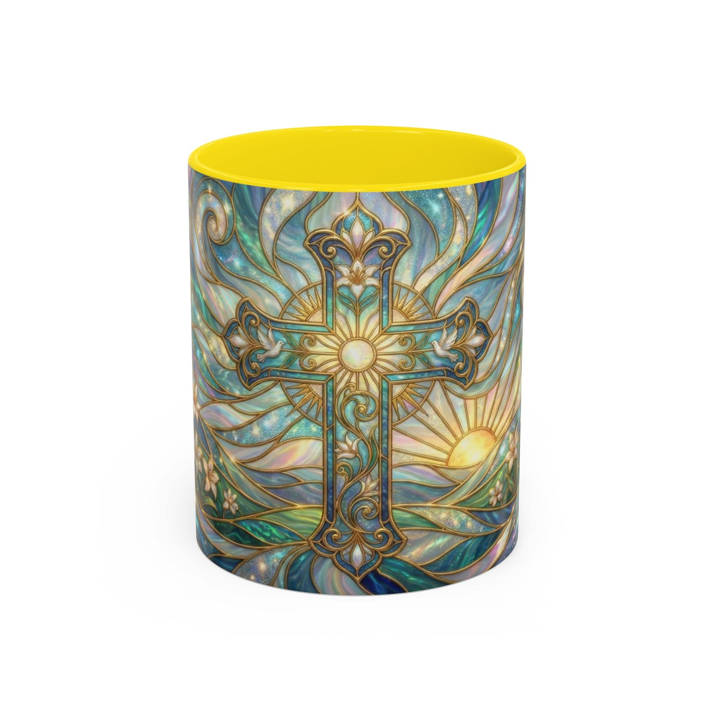 Stained Glass Cross Mug, Christian Coffee Cup, Religious Easter Gift, Celestial Faith Mug, Spiritual Sunrise Cup, Dove Lily Print Mug