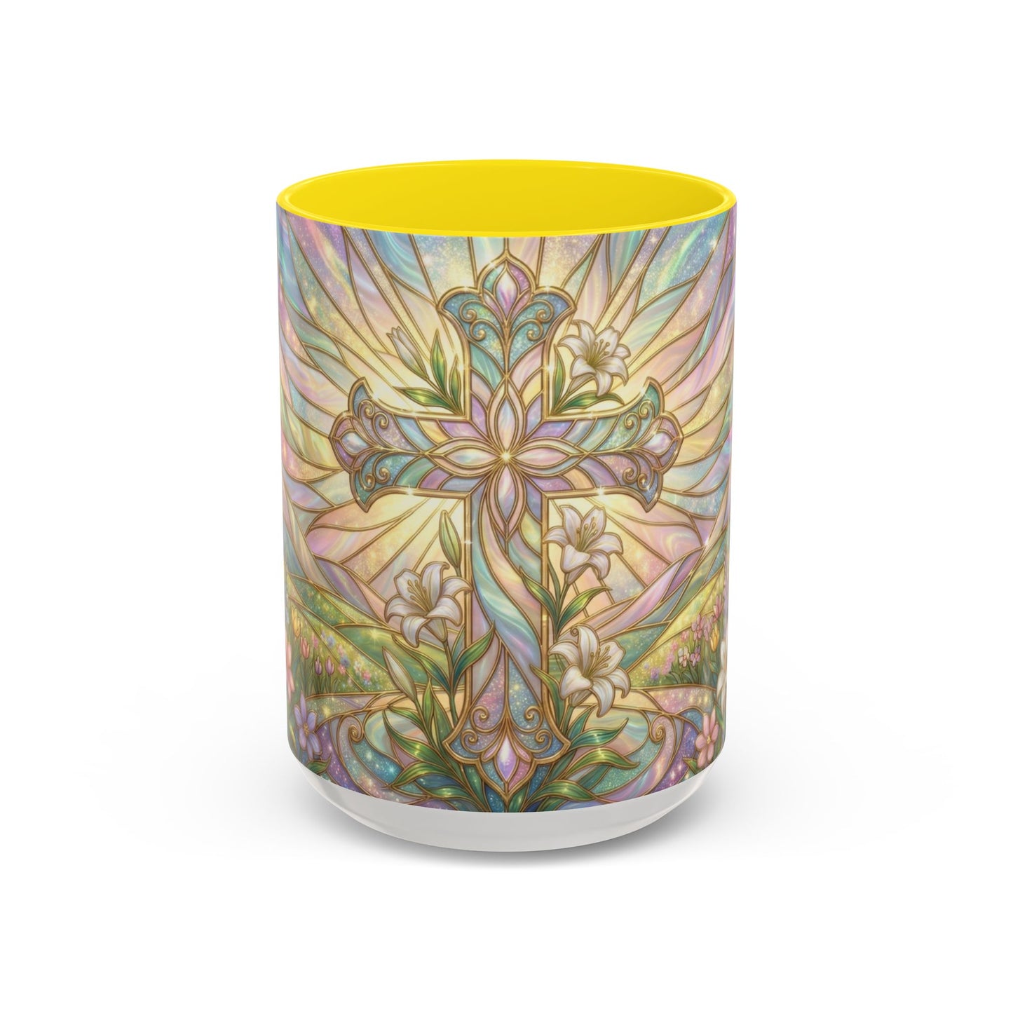 Stained Glass Cross Mug, Easter Lily Coffee Cup, Christian Religious Gift, Pastel Floral Faith Mug, Spring Believer Cup, Baptism Present