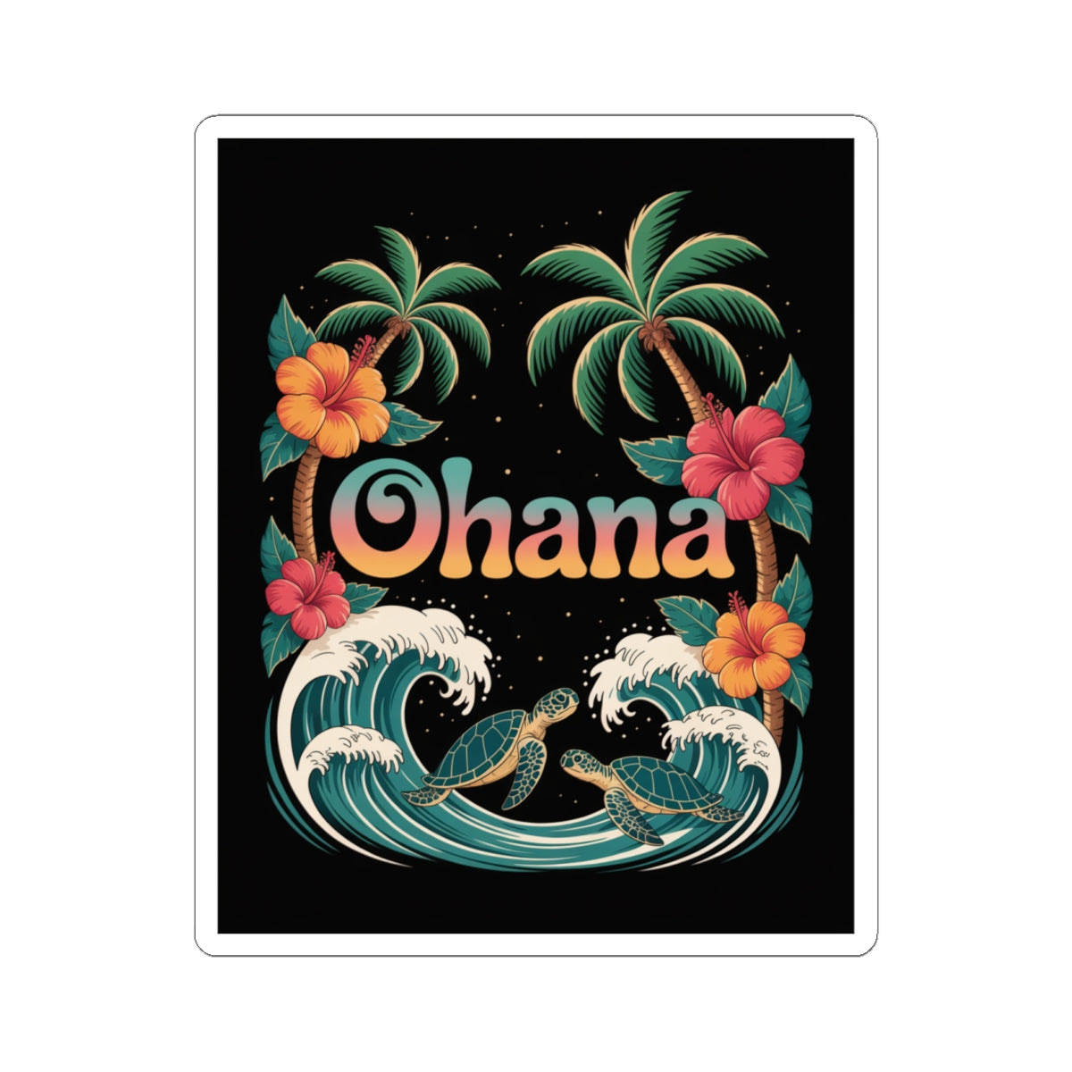 Ohana Sticker – Retro Hawaiian Sea Turtle Decal with Palm Trees & Waves – Waterproof Vinyl Laptop or Water Bottle Tropical Gift