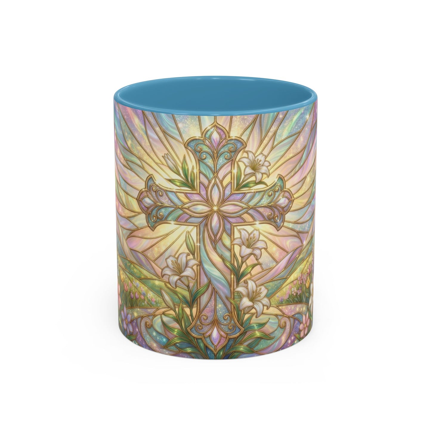 Stained Glass Cross Mug, Easter Lily Coffee Cup, Christian Religious Gift, Pastel Floral Faith Mug, Spring Believer Cup, Baptism Present