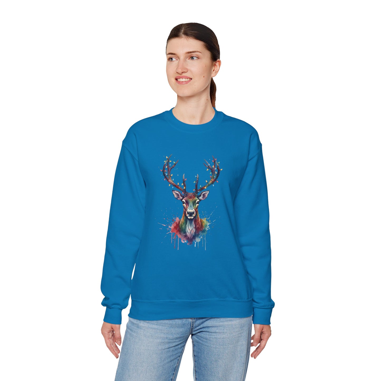 Colorful Reindeer Christmas Sweatshirt, Holiday Deer Lights Sweater, Watercolor Winter Crewneck, Festive Cozy Gift For Him Or Her