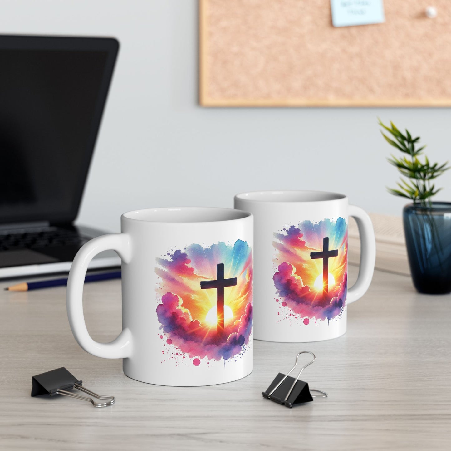 Christian Cross Sunrise Mug – Inspirational Faith Coffee Cup with Colorful Sky & Clouds, Religious Gift, Dishwasher Safe Prayer Mug
