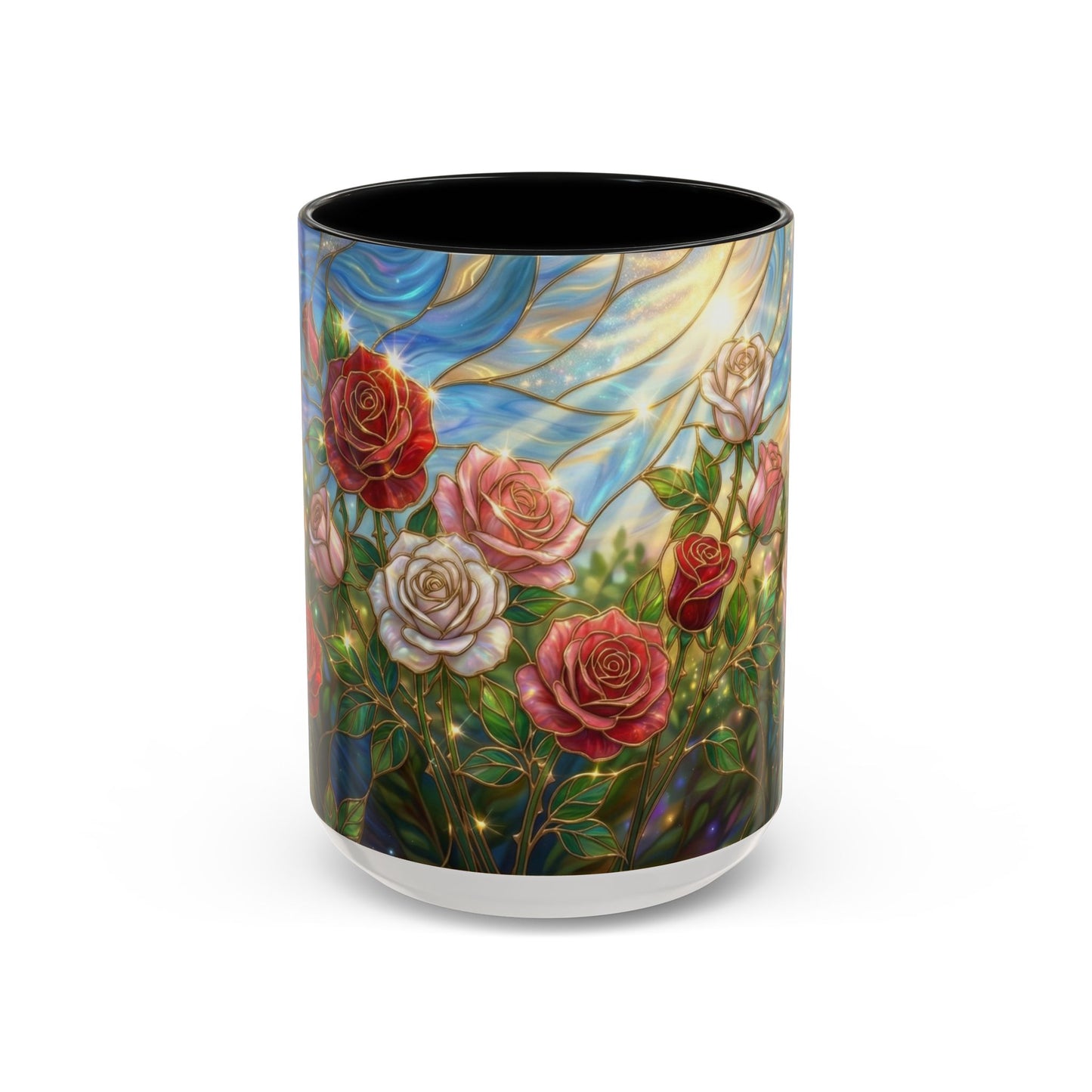 Stained Glass Rose Garden Mug, Floral Rose Coffee Cup, Elegant Flower Mug, Blue Green Gold Glass Style Design, Romantic Gift For Her