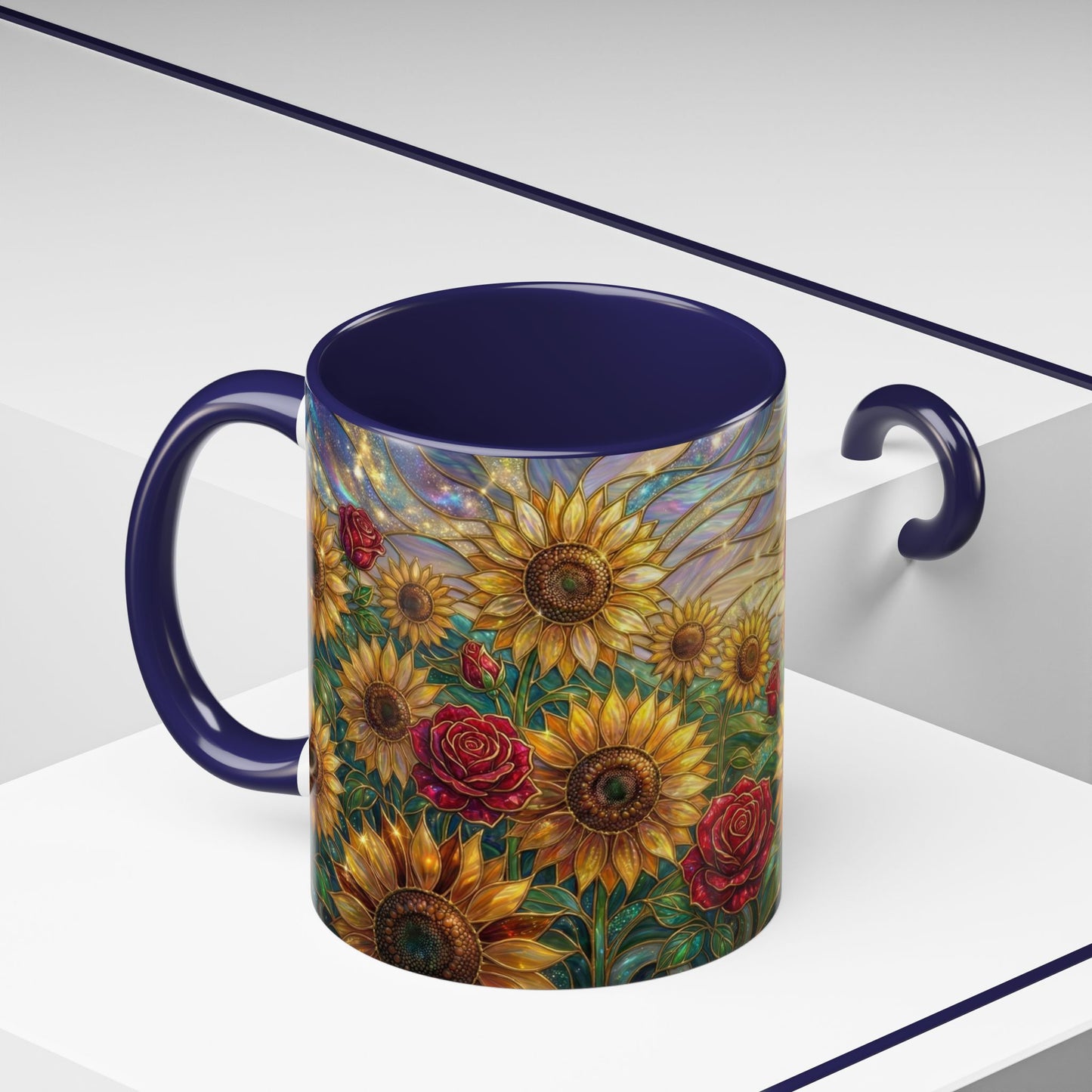 Personalized Stained Glass Sunflower Mug, Custom Red Rose Floral Coffee Cup, Celestial Night Sky Botanical Teacup, Gift For Flower Lover