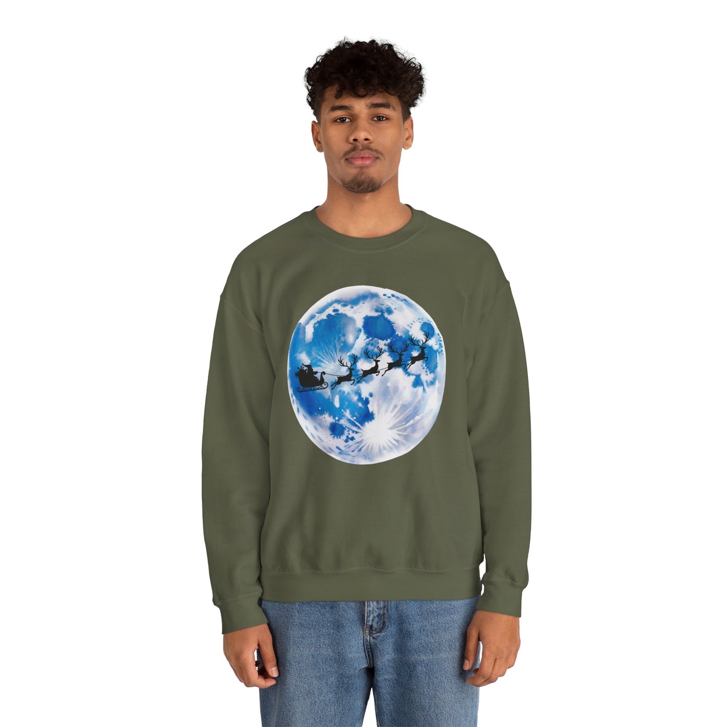 Santa And Reindeer Full Moon Christmas Sweatshirt, Holiday Night Sky Sweater, Cozy Unisex Crewneck, Festive Gift For Christmas Lovers