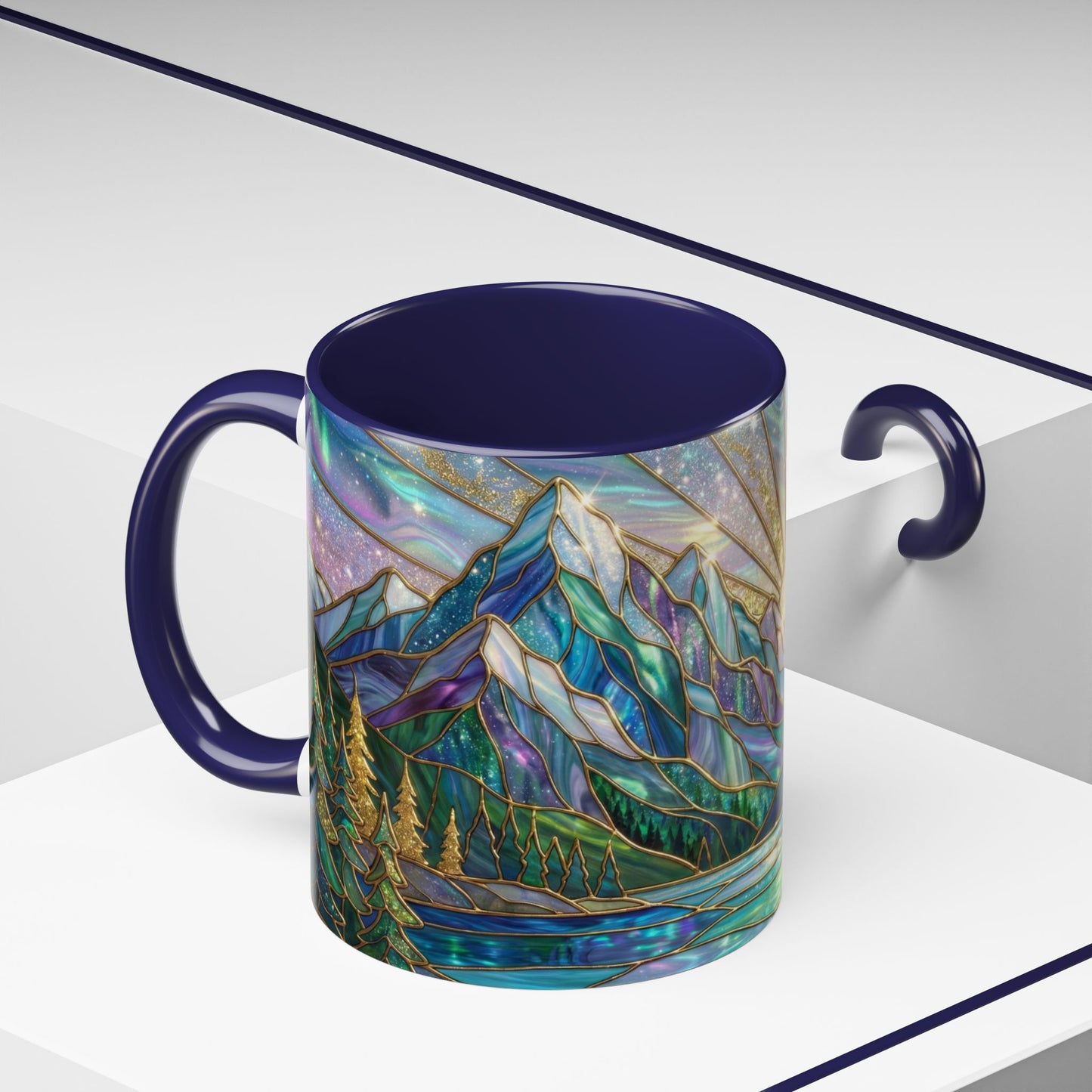 Stained Glass Mountain Mug, Mountain Landscape Coffee Cup, Galaxy Sky Nature Ceramic Mug, Sunrise River Forest Art, 11oz 15oz Gift