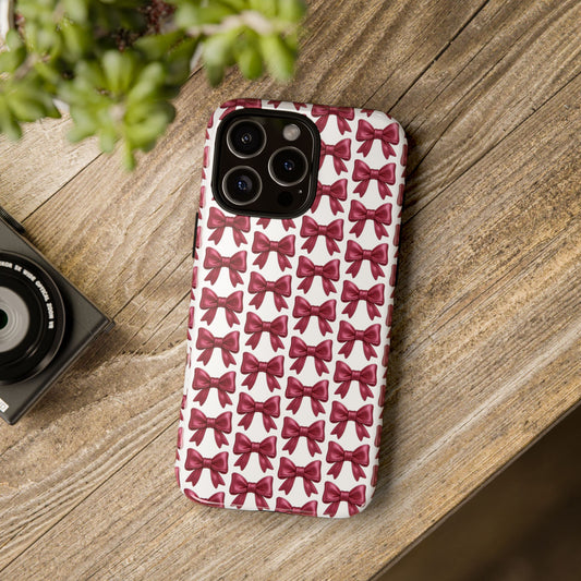 Coquette Bow iPhone Case - Burgundy Ribbon Pattern Phone Cover, Girly Aesthetic Accessory, Cute Gift for Her