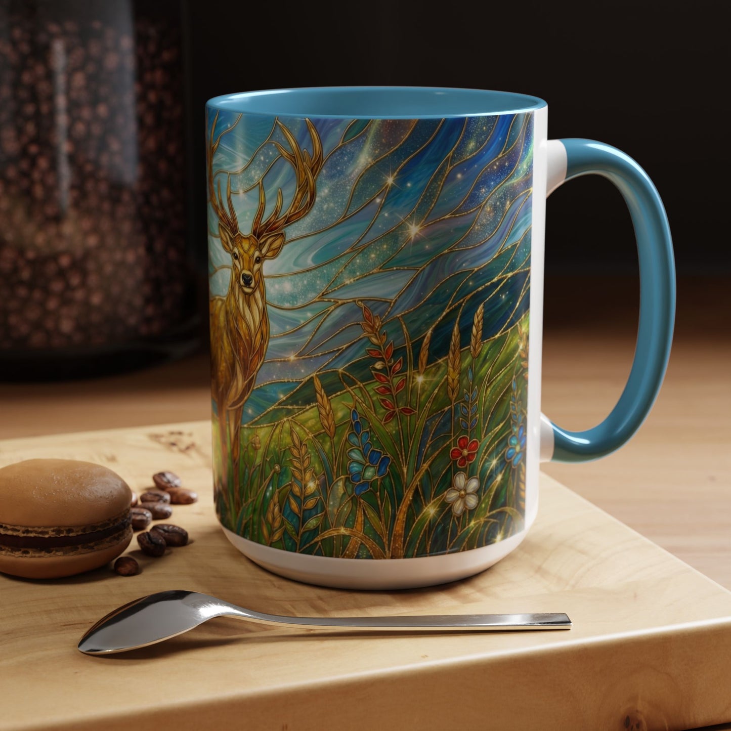 Stained Glass Deer Mug, Woodland Art Coffee Cup, Nature Forest Mug, Blue Green Gold Glass Style Mug, Gift For Nature Lovers Decor