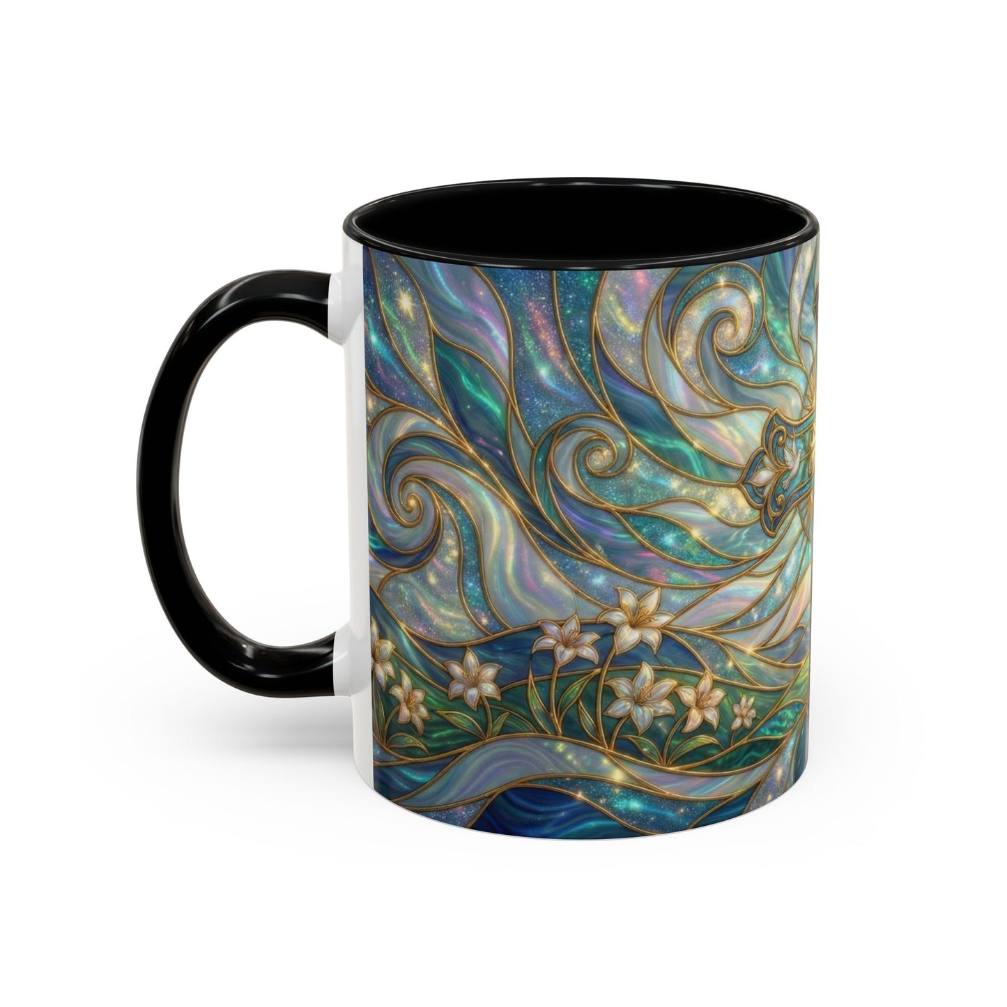 Stained Glass Cross Mug, Christian Coffee Cup, Religious Easter Gift, Celestial Faith Mug, Spiritual Sunrise Cup, Dove Lily Print Mug