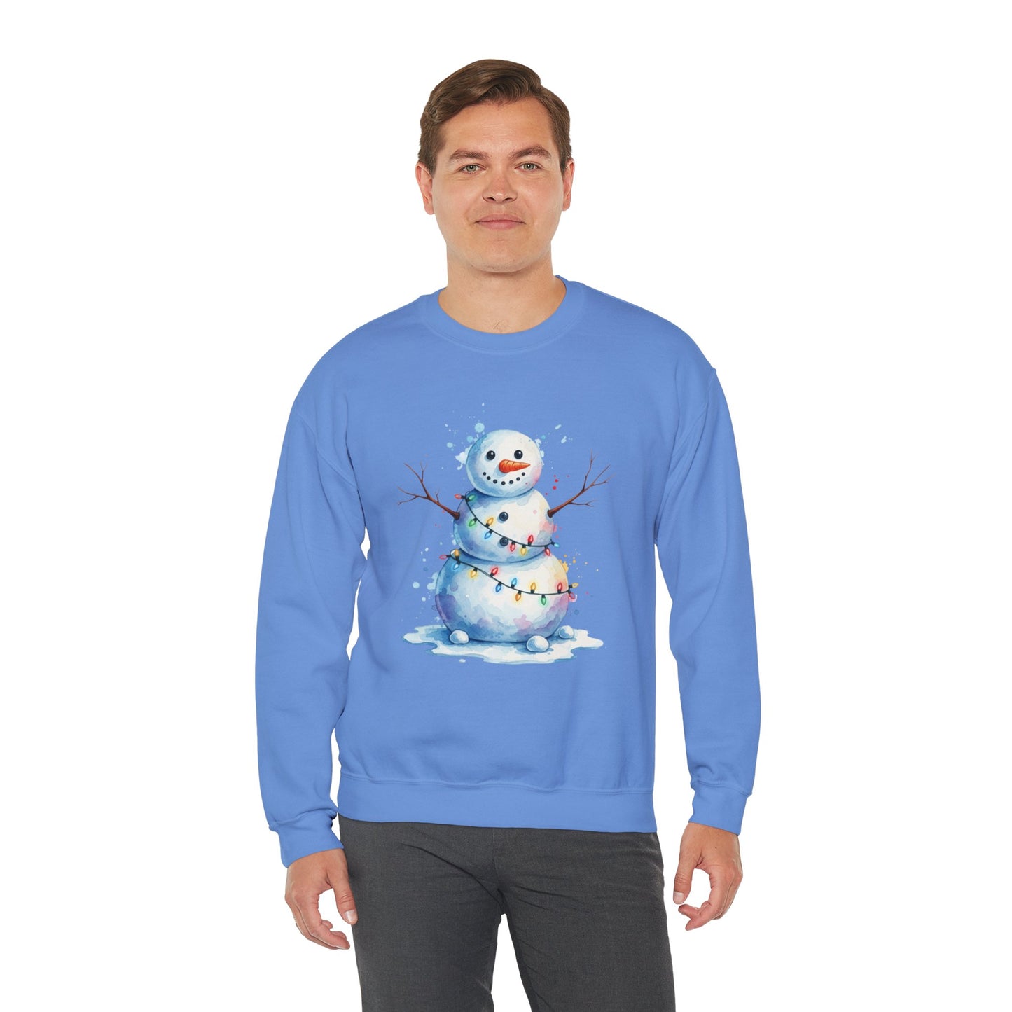 Watercolor Snowman Christmas Sweatshirt, Cute Snowman Crewneck for Winter, Holiday Lights Snowman Sweater, Cozy Unisex Christmas Gift