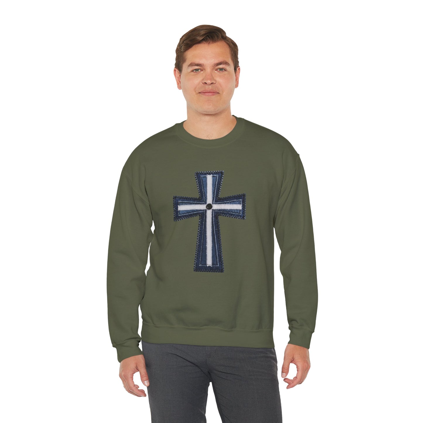 Faux Patchwork Cross Sweatshirt, Christian Patchwork Style Crewneck, Faith Gift for Women Men, Rustic Cross Sweatshirt, Religious Xmas Gift