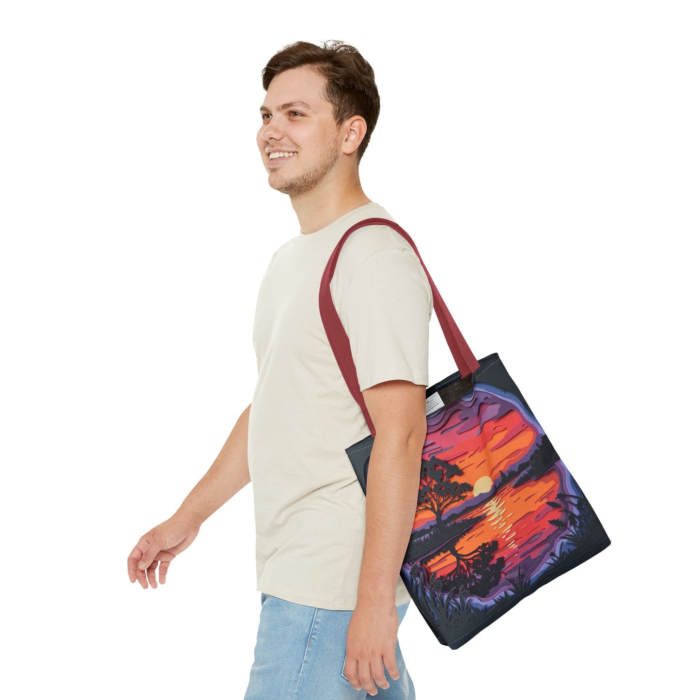 Sunset Landscape Canvas Tote Bag – Paper‑Art Inspired Nature Scene Tote – Colorful Sunset Market Tote, Eco Reusable Beach Bag, Vibrant Gift for Her