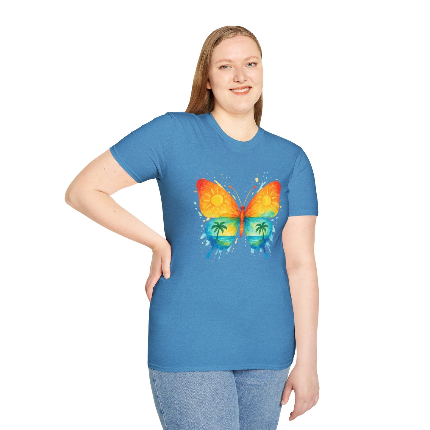 Butterfly Sunset Beach Tee - Ocean & Palm Watercolor Butterfly T-Shirt, Coastal Boho Graphic, Nature Lover Gift, Unisex Casual Tee