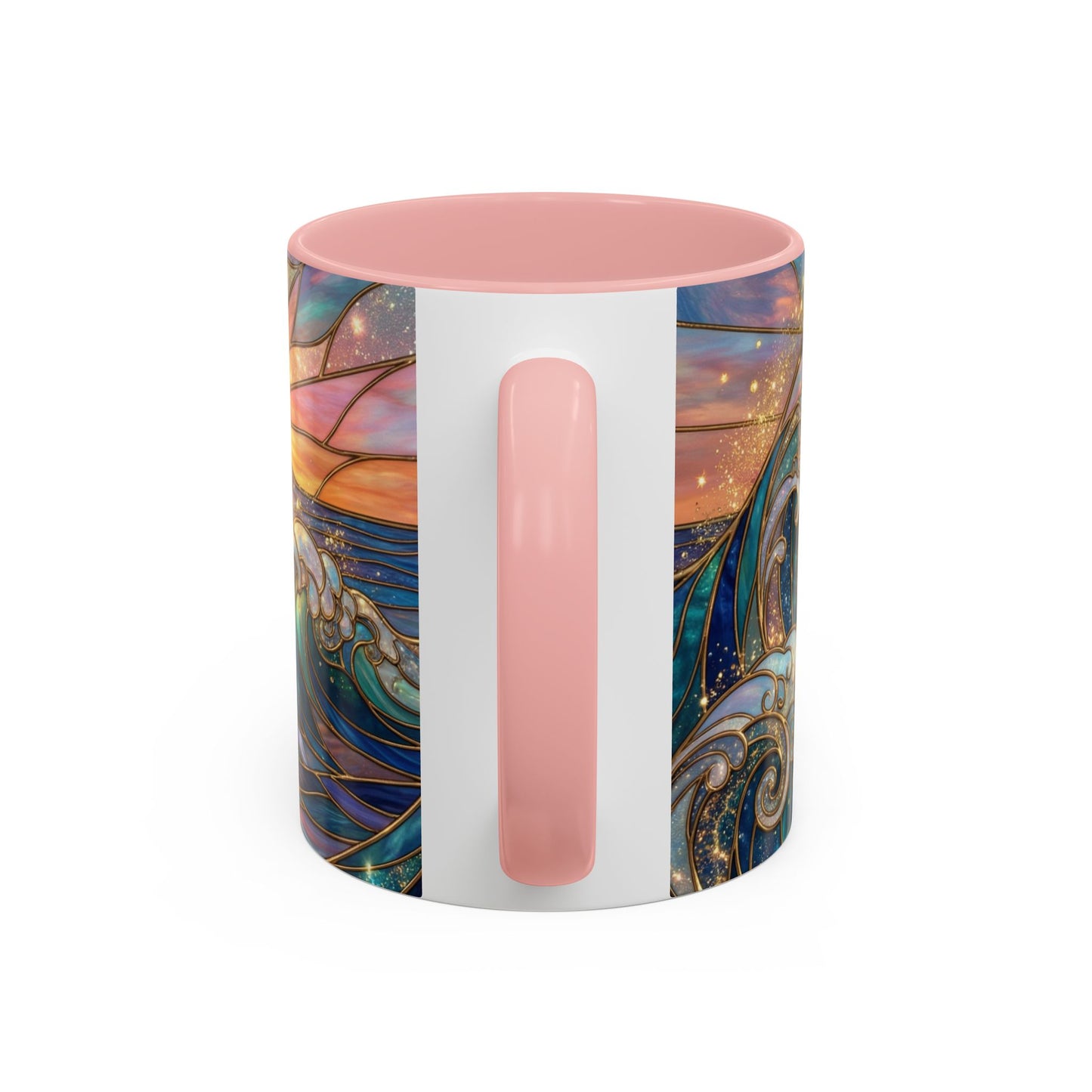 Stained Glass Ocean Wave Mug, Sunrise Beach Coffee Cup, Japanese Art Gift, Coastal Decor Kitchen, Mosaic Sea Tea Cup, Blue Gold Nature Lover