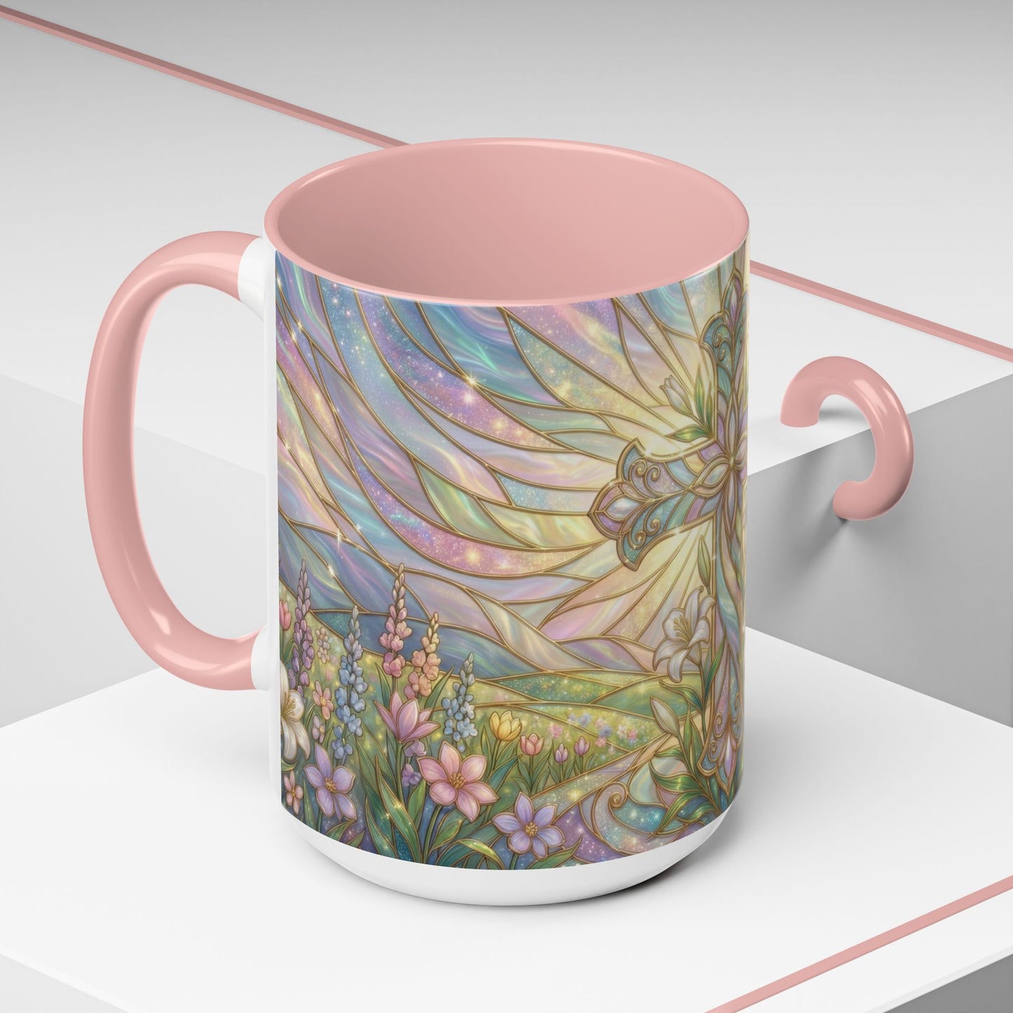 Stained Glass Cross Mug, Easter Lily Coffee Cup, Christian Religious Gift, Pastel Floral Faith Mug, Spring Believer Cup, Baptism Present