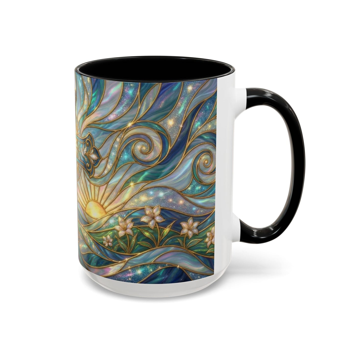Stained Glass Cross Mug, Christian Coffee Cup, Religious Easter Gift, Celestial Faith Mug, Spiritual Sunrise Cup, Dove Lily Print Mug