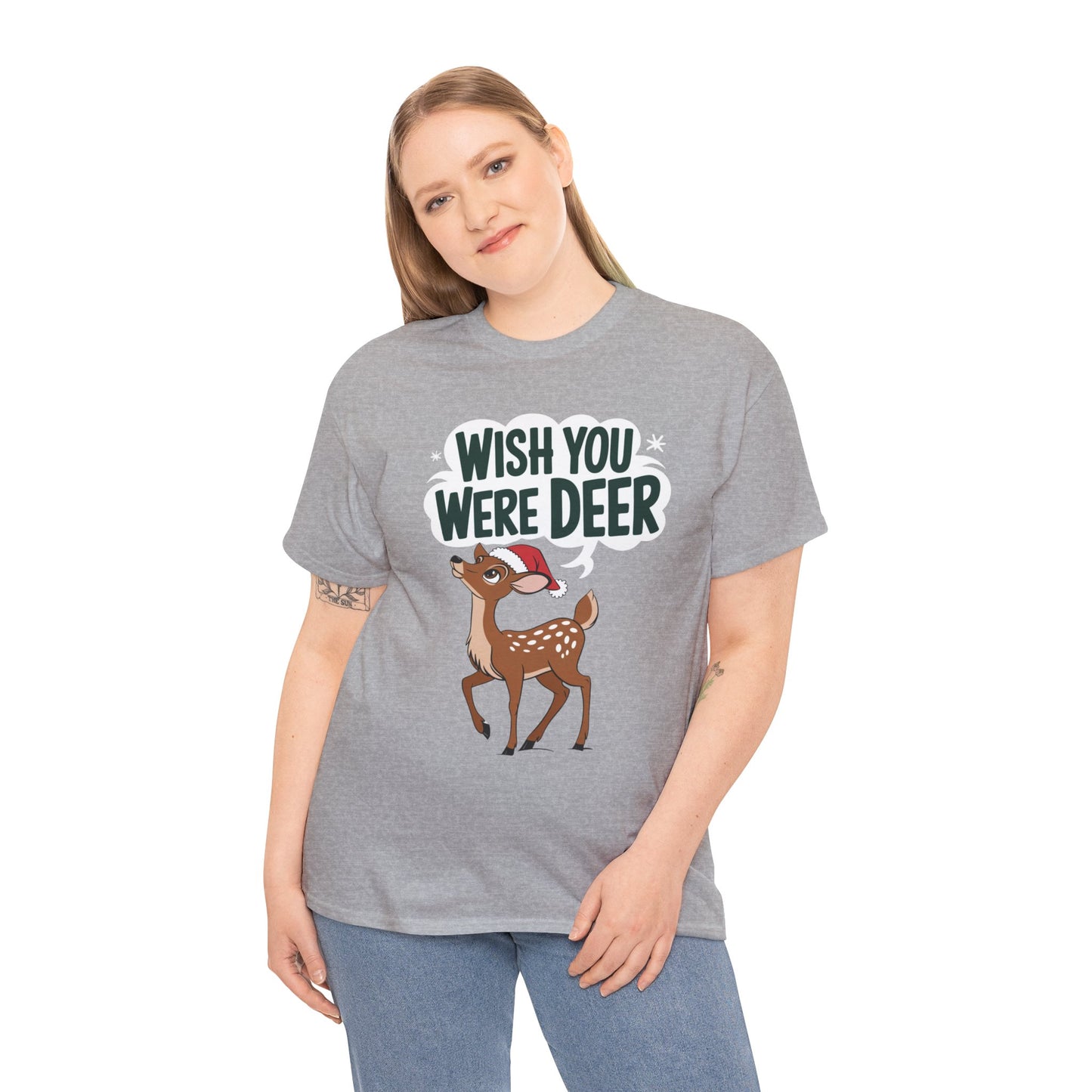 Wish You Were Deer Funny Christmas T-Shirt, Cute Reindeer Holiday Tee, Pun Christmas Shirt, Festive Santa Hat Deer Graphic Tee Gift
