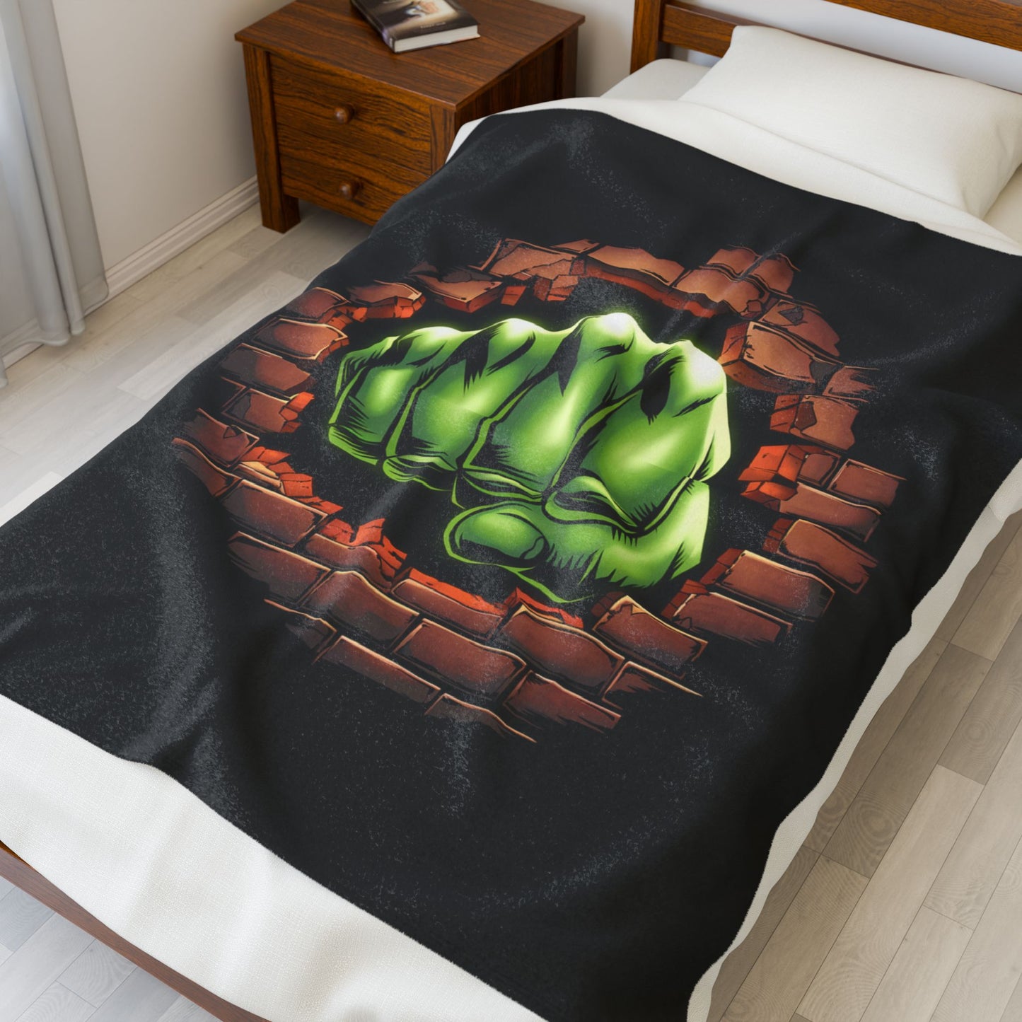 Plush Blanket Green Fist Smash Design, Green Throw, Green Comic Blanket, Geeky Decor