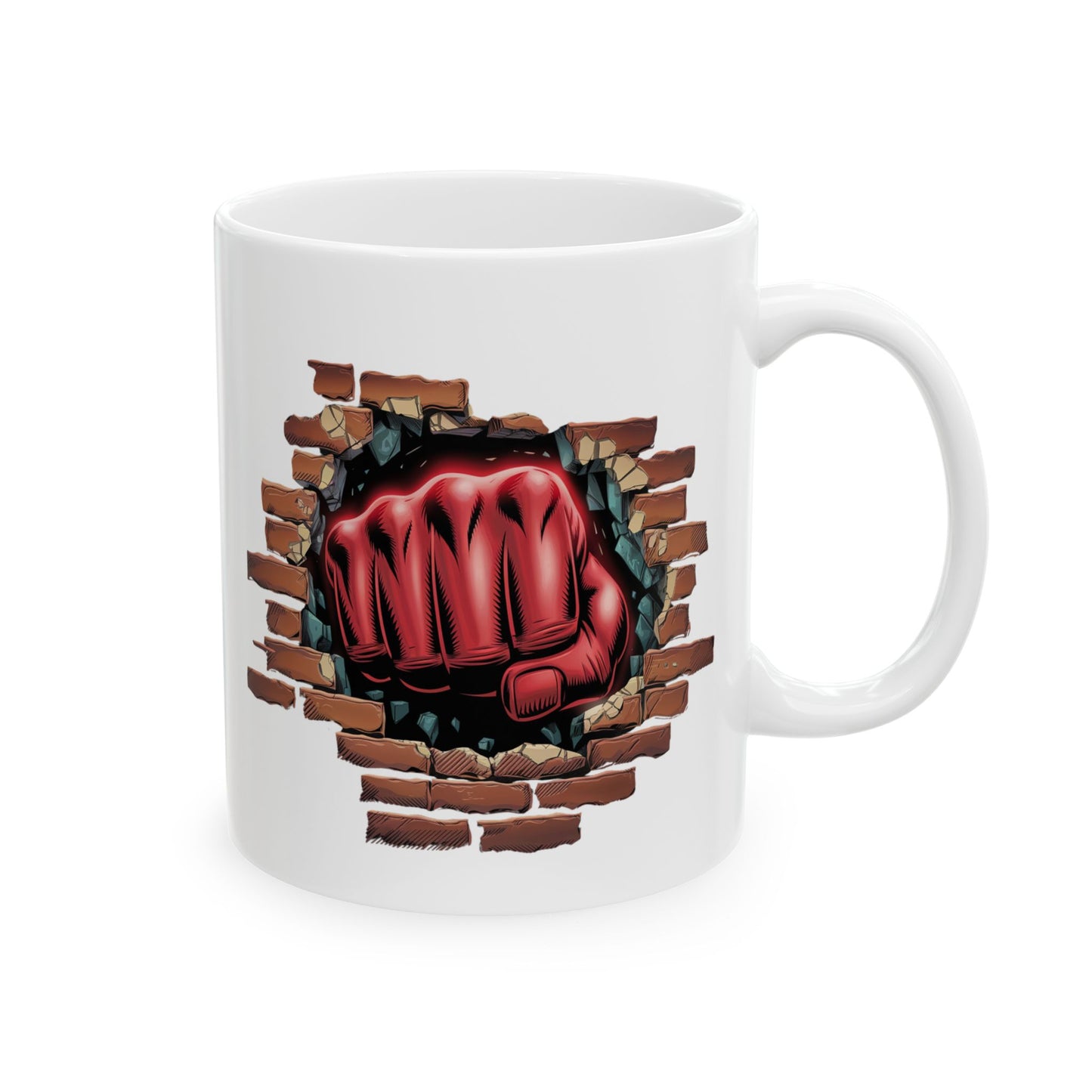 Red Fist Breaking Through Brick Mug – Bold Graphic 11oz or 15oz Ceramic Coffee Cup – Edgy Statement Gift for Him or Her, Cottagecore & Galaxy Aesthetic