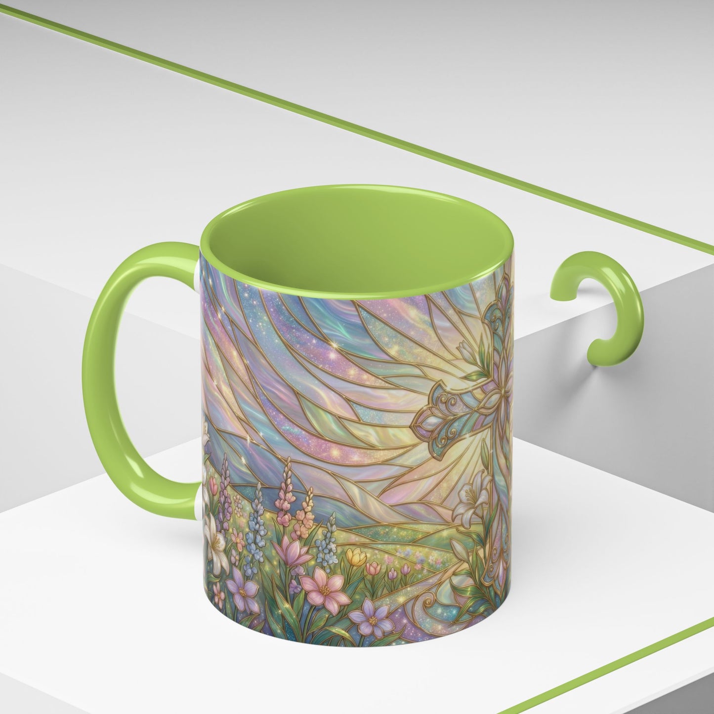 Stained Glass Cross Mug, Easter Lily Coffee Cup, Christian Religious Gift, Pastel Floral Faith Mug, Spring Believer Cup, Baptism Present
