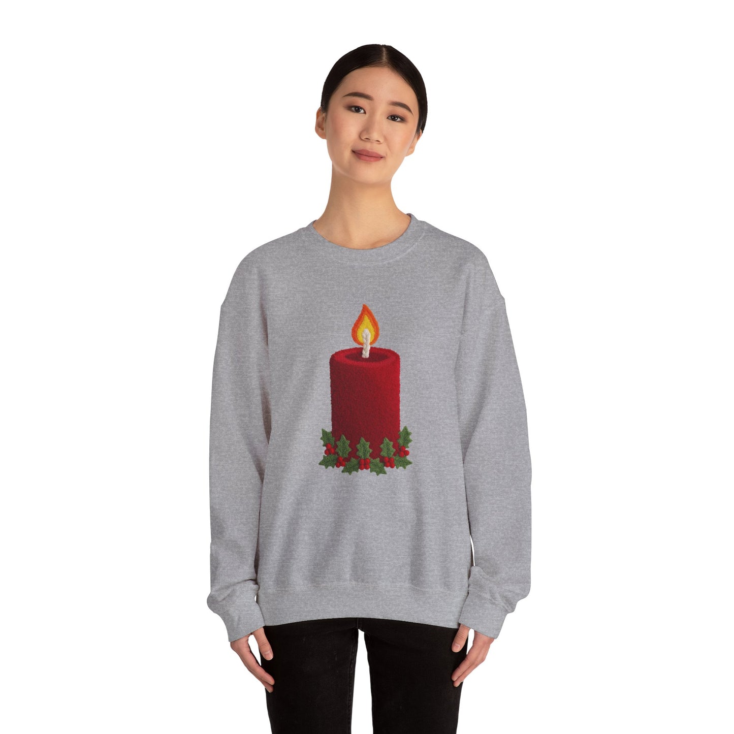 Faux Patchwork Crochet Candle Sweatshirt, Christmas Candle Sweater, Holiday Cozy Winter Crewneck, Cute Xmas Candle Sweatshirt, Unisex Holiday Top