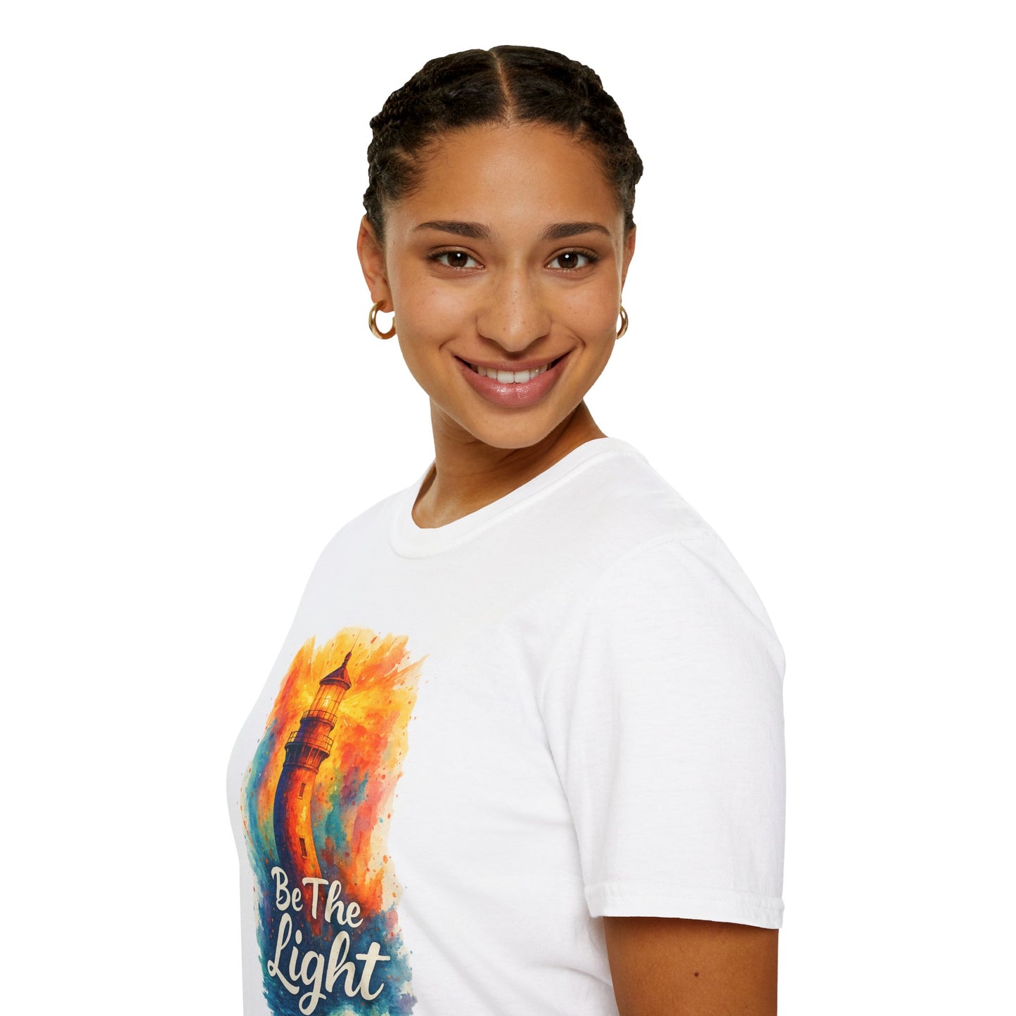 Be The Light Lighthouse T-Shirt | Inspirational Spiritual Tee | Coastal Nautical Gift for Her and Him | Unisex Softstyle Graphic Tee