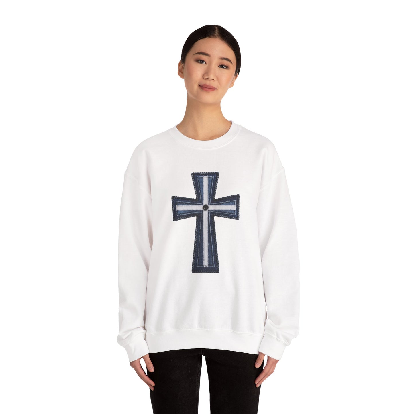 Faux Patchwork Cross Sweatshirt, Christian Patchwork Style Crewneck, Faith Gift for Women Men, Rustic Cross Sweatshirt, Religious Xmas Gift