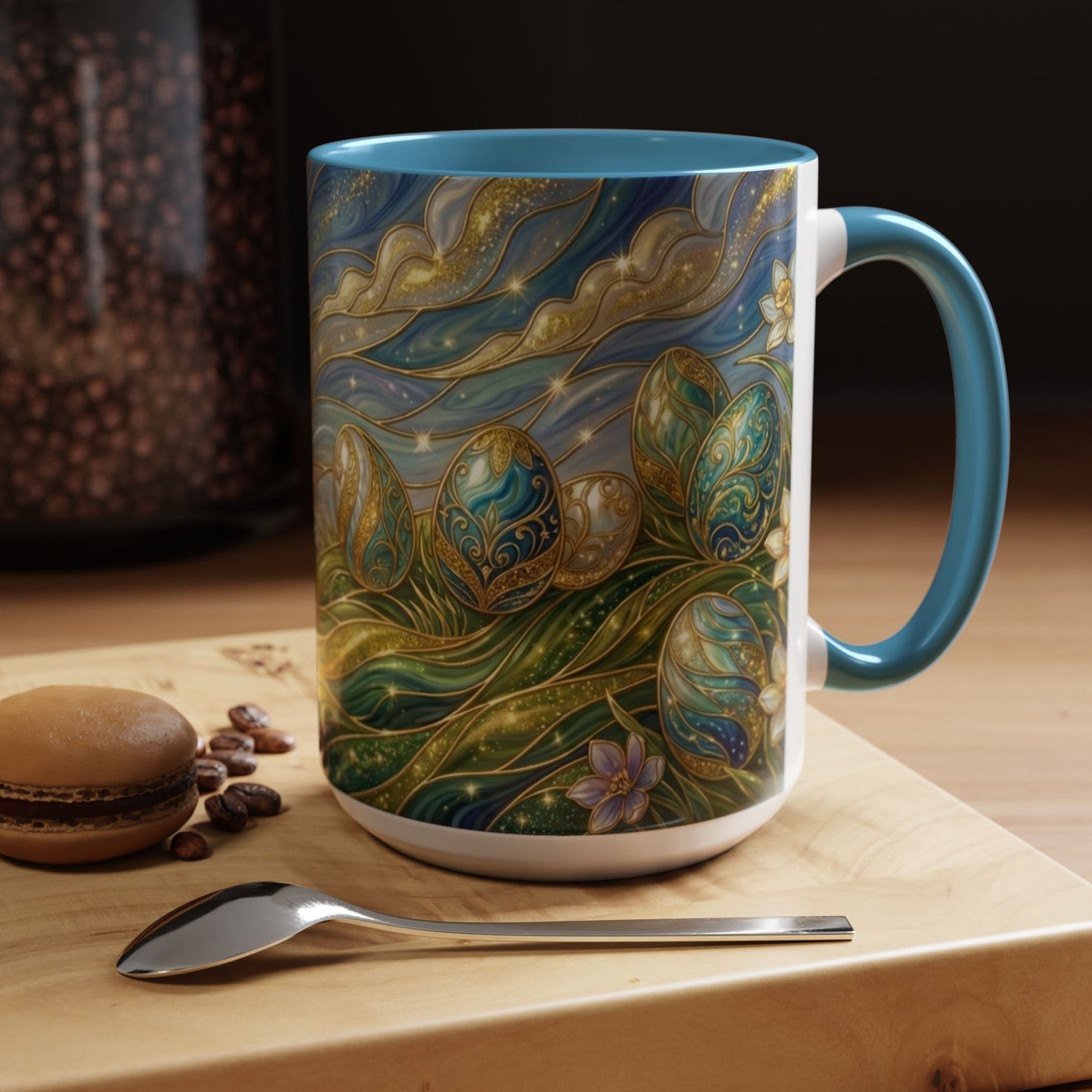 Stained Glass Easter Egg Mug, Magical Spring Floral Coffee Cup, Art Nouveau Fantasy Teacup, Elegant Celestial Starry Sky Mug Gift Idea